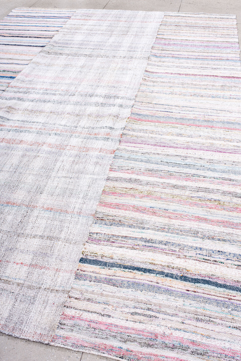 8' x 12' one-of-a-kind handmade antique Rag Rug large size rug. Color palette: ivory, blush, gray, blue, rose, taupe