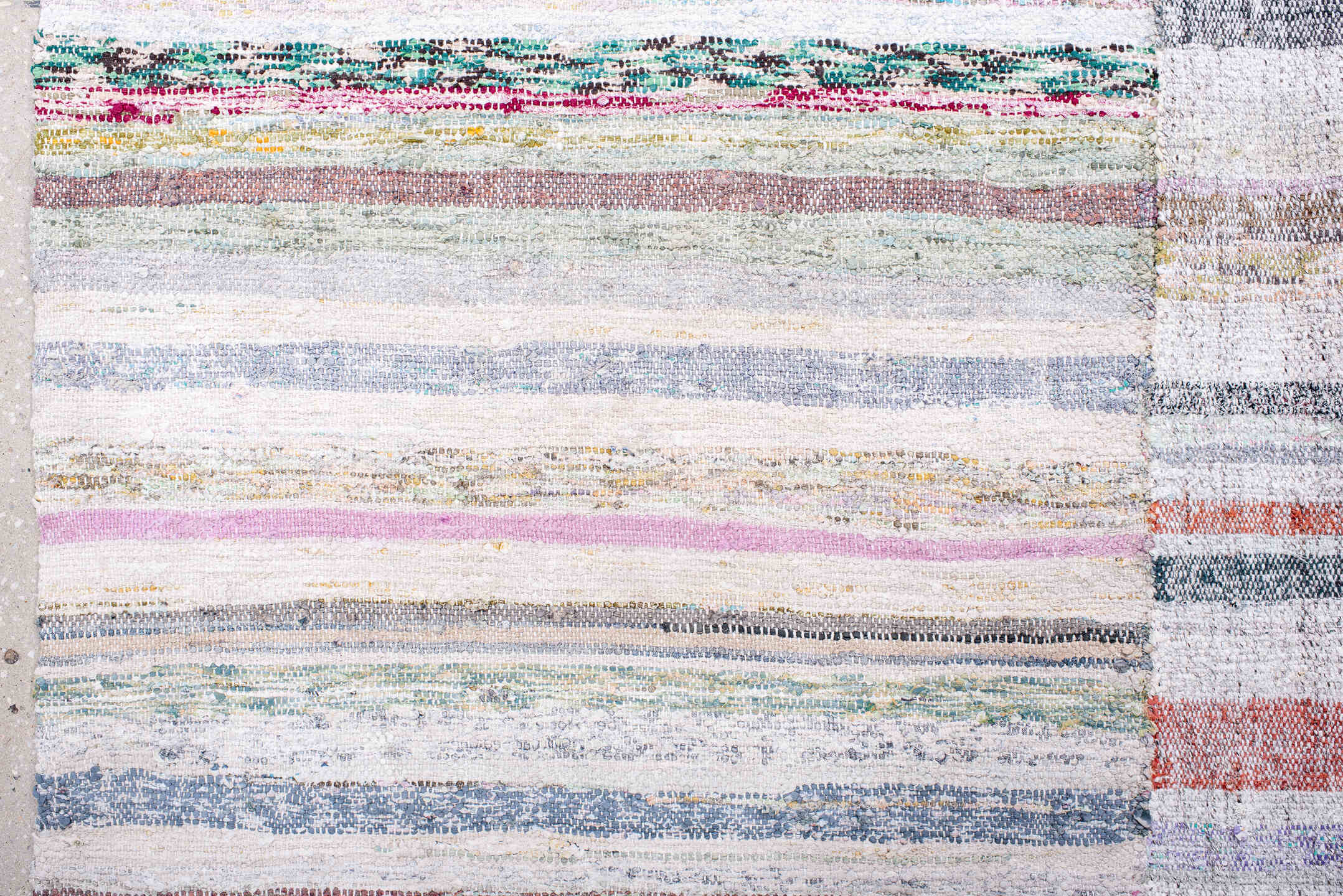 8' x 12' one-of-a-kind handmade antique Rag Rug large size rug. Color palette: ivory, blush, gray, blue, rose, taupe