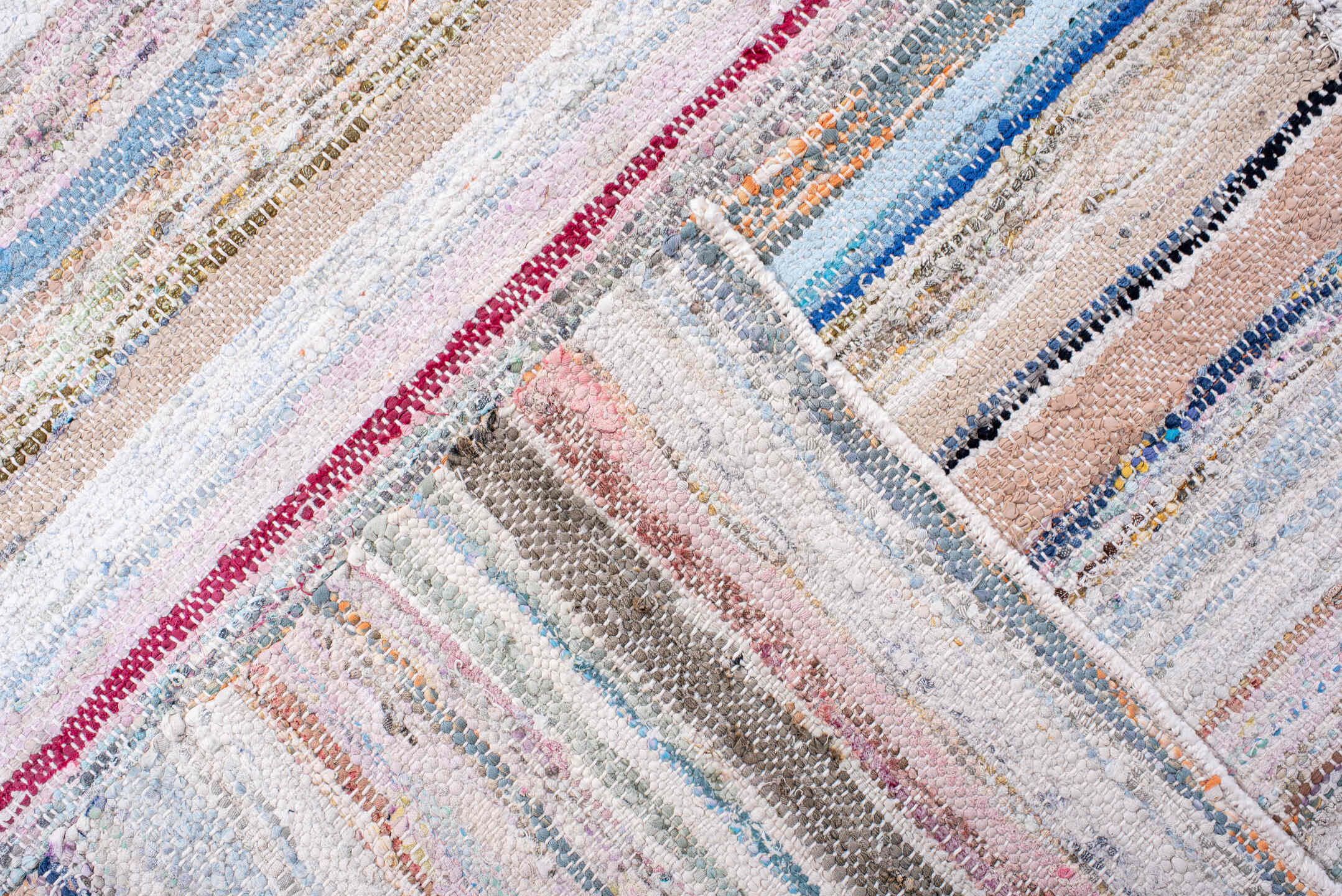 8' x 12' one-of-a-kind handmade antique Rag Rug large size rug. Color palette: ivory, blush, gray, blue, rose, taupe