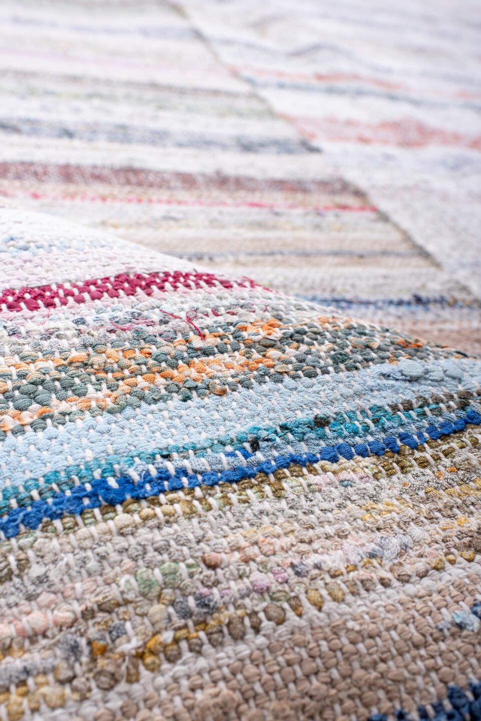 8' x 12' one-of-a-kind handmade antique Rag Rug large size rug. Color palette: ivory, blush, gray, blue, rose, taupe