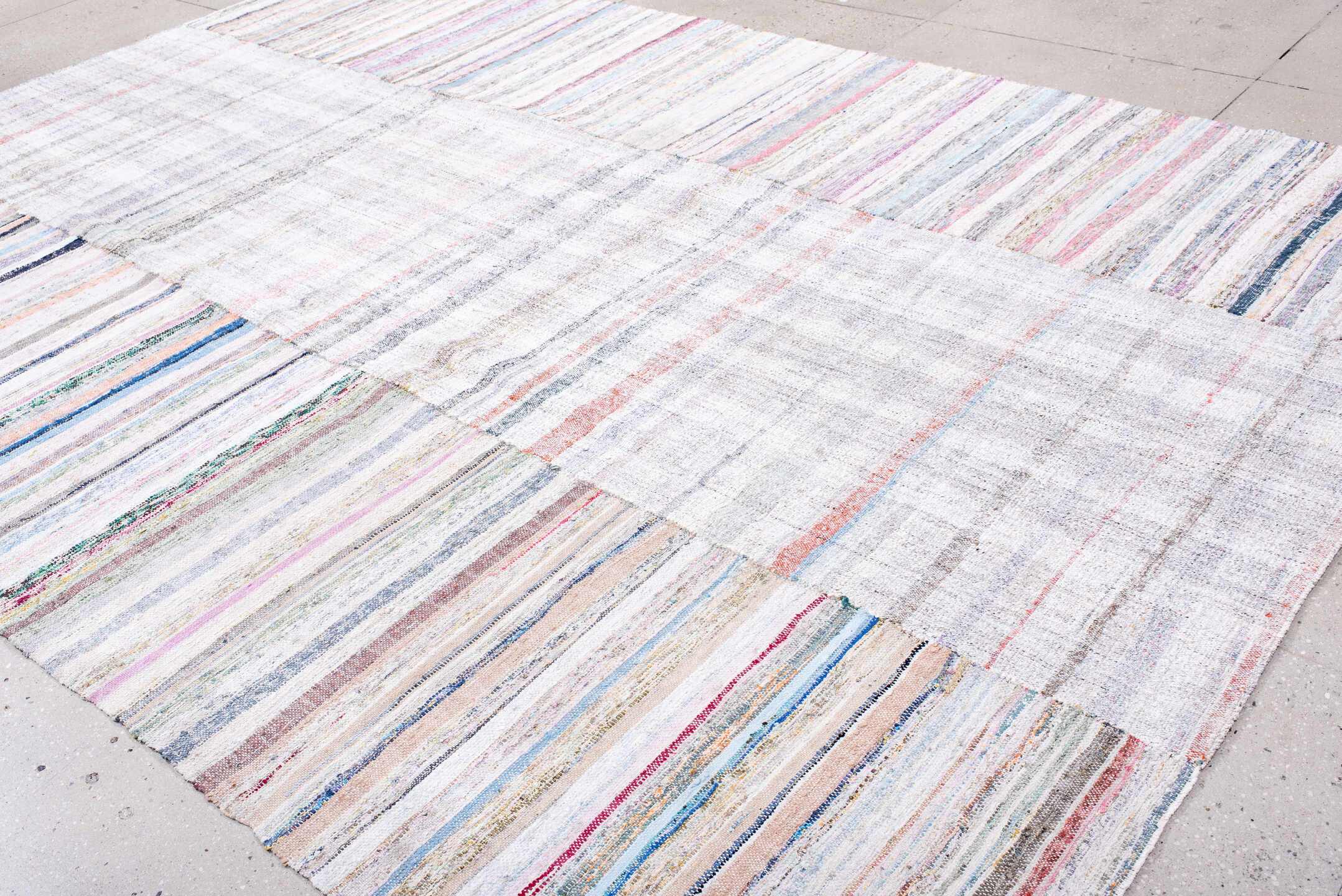 8' x 12' one-of-a-kind handmade antique Rag Rug large size rug. Color palette: ivory, blush, gray, blue, rose, taupe