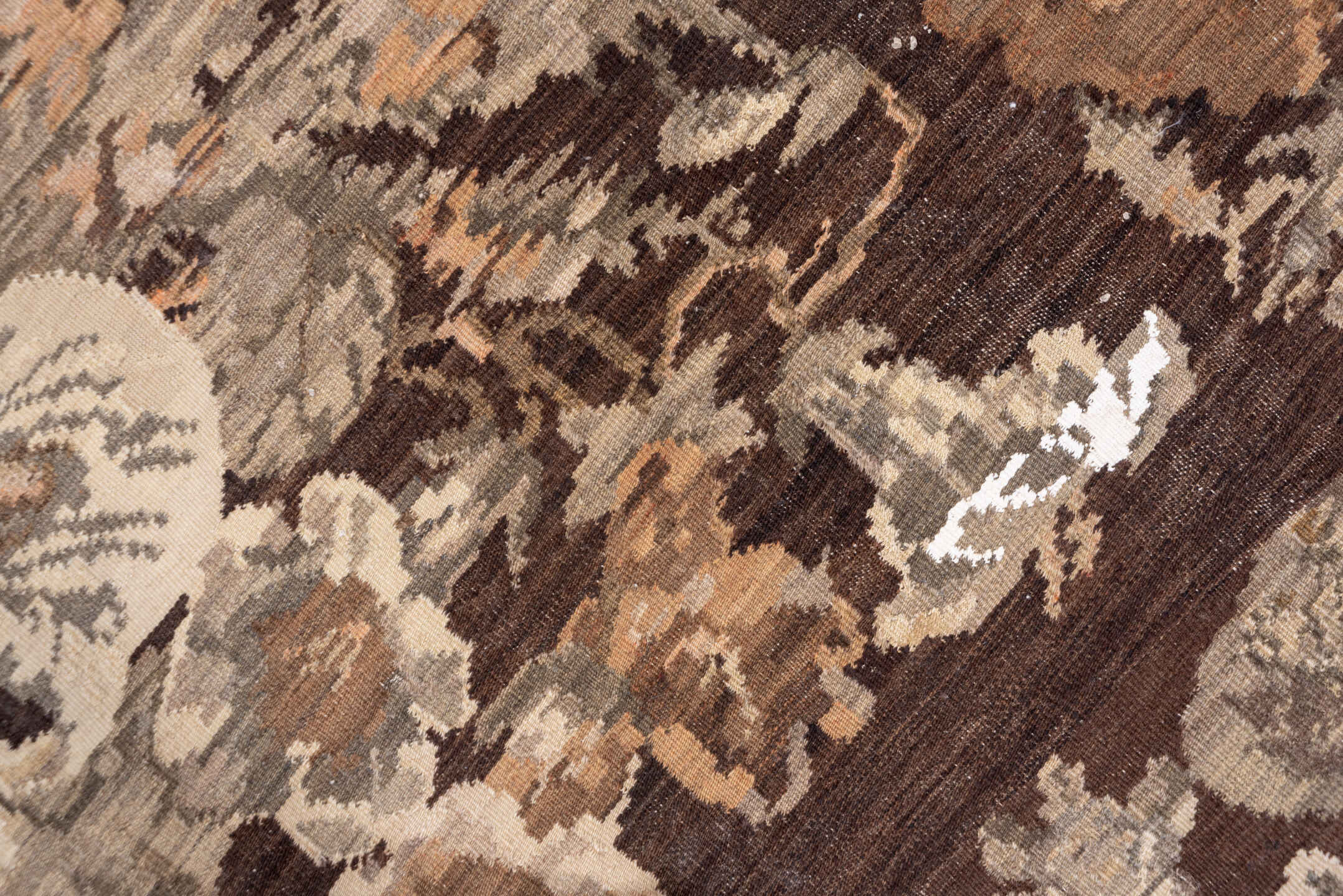 7' x 12' one-of-a-kind handmade antique Kilim large size rug. Color palette: brown, taupe, gray, ivory, rose, camel, beige