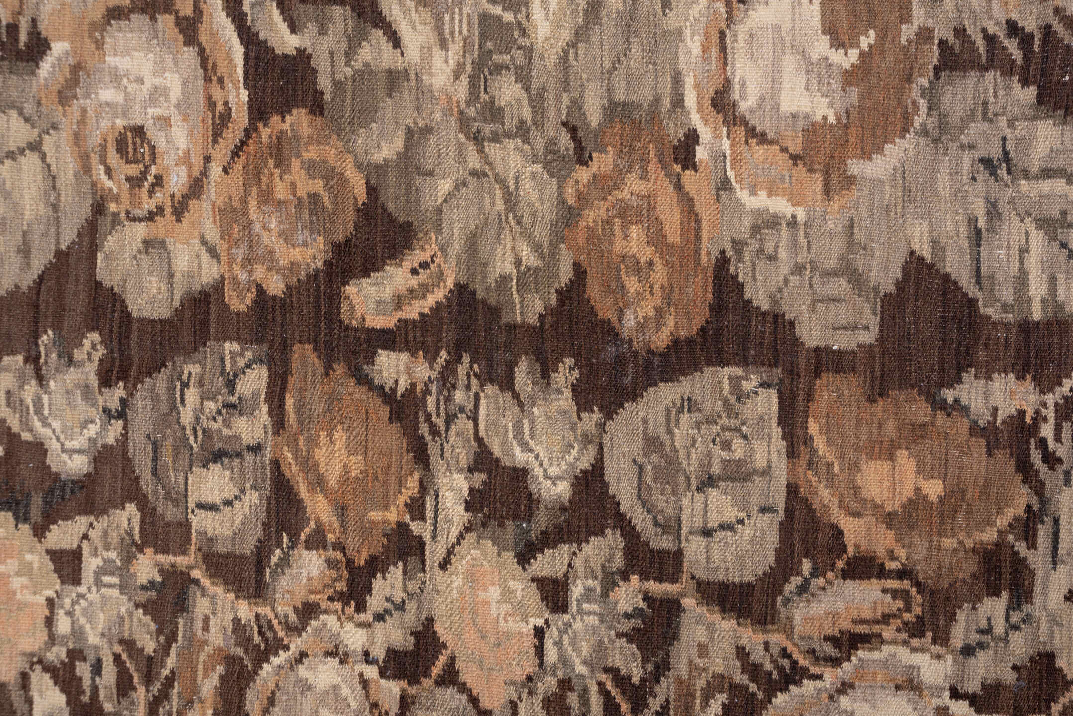 7' x 12' one-of-a-kind handmade antique Kilim large size rug. Color palette: brown, taupe, gray, ivory, rose, camel, beige