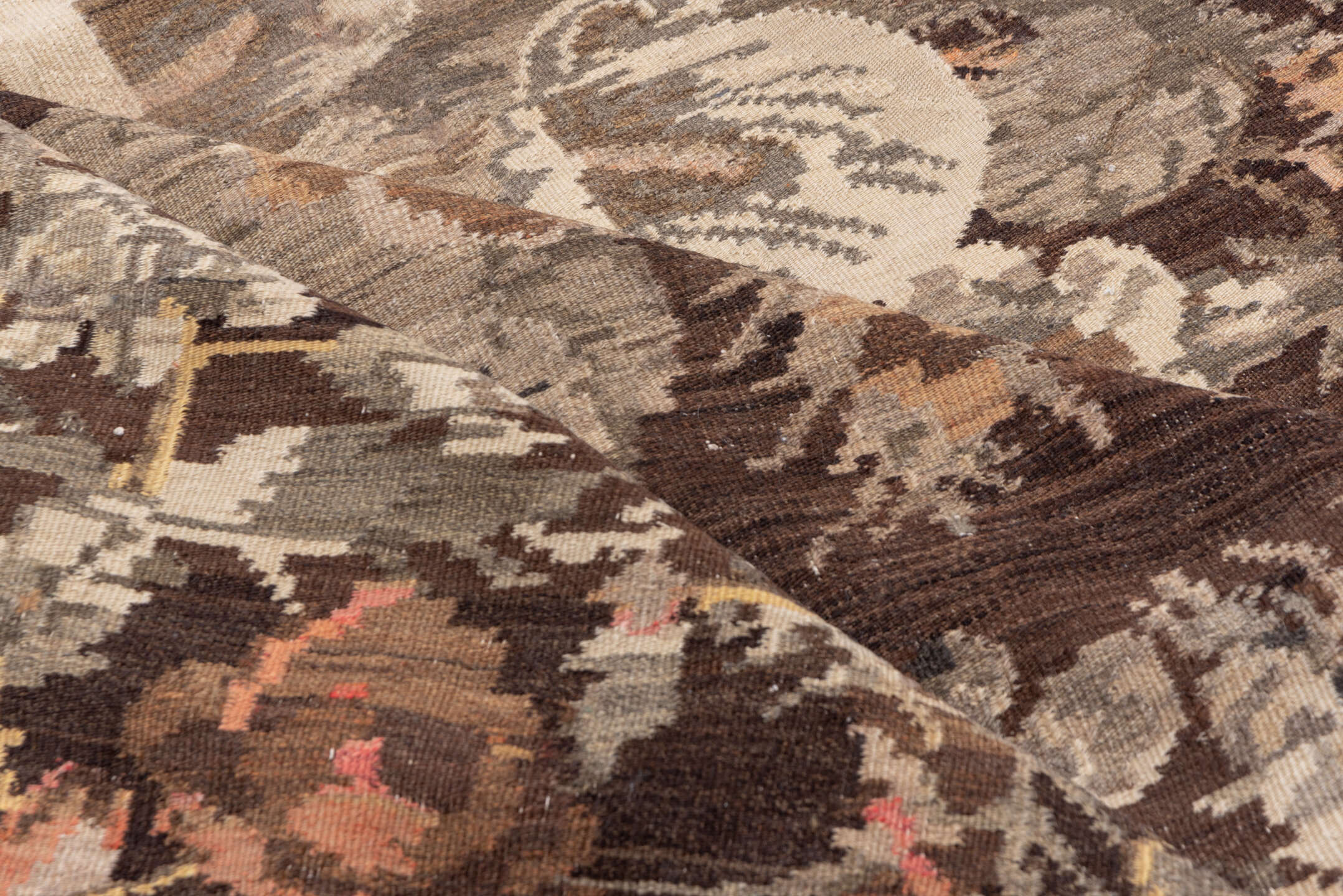 7' x 12' one-of-a-kind handmade antique Kilim large size rug. Color palette: brown, taupe, gray, ivory, rose, camel, beige