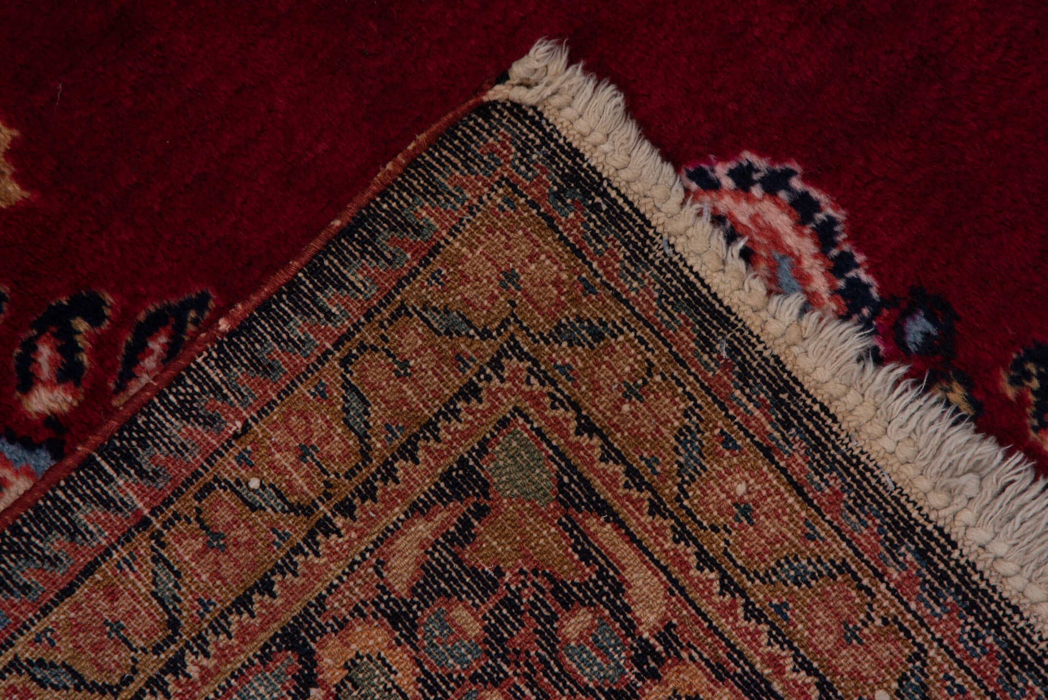 5' x 6' one-of-a-kind handmade vintage Lilian rug. Color palette: crimson, navy, ivory, rose, camel, sky_blue, burgundy, red