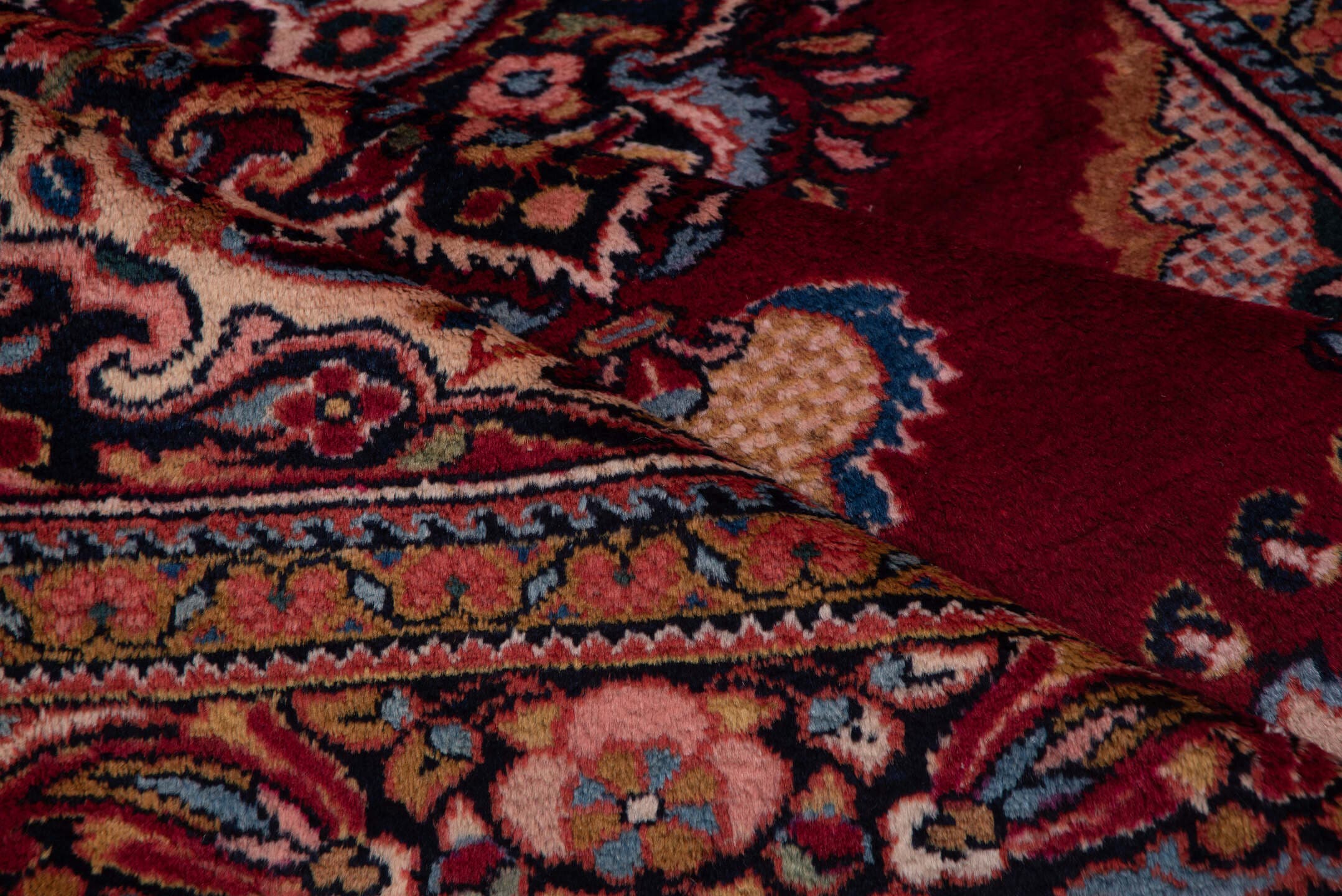 5' x 6' one-of-a-kind handmade vintage Lilian rug. Color palette: crimson, navy, ivory, rose, camel, sky_blue, burgundy, red