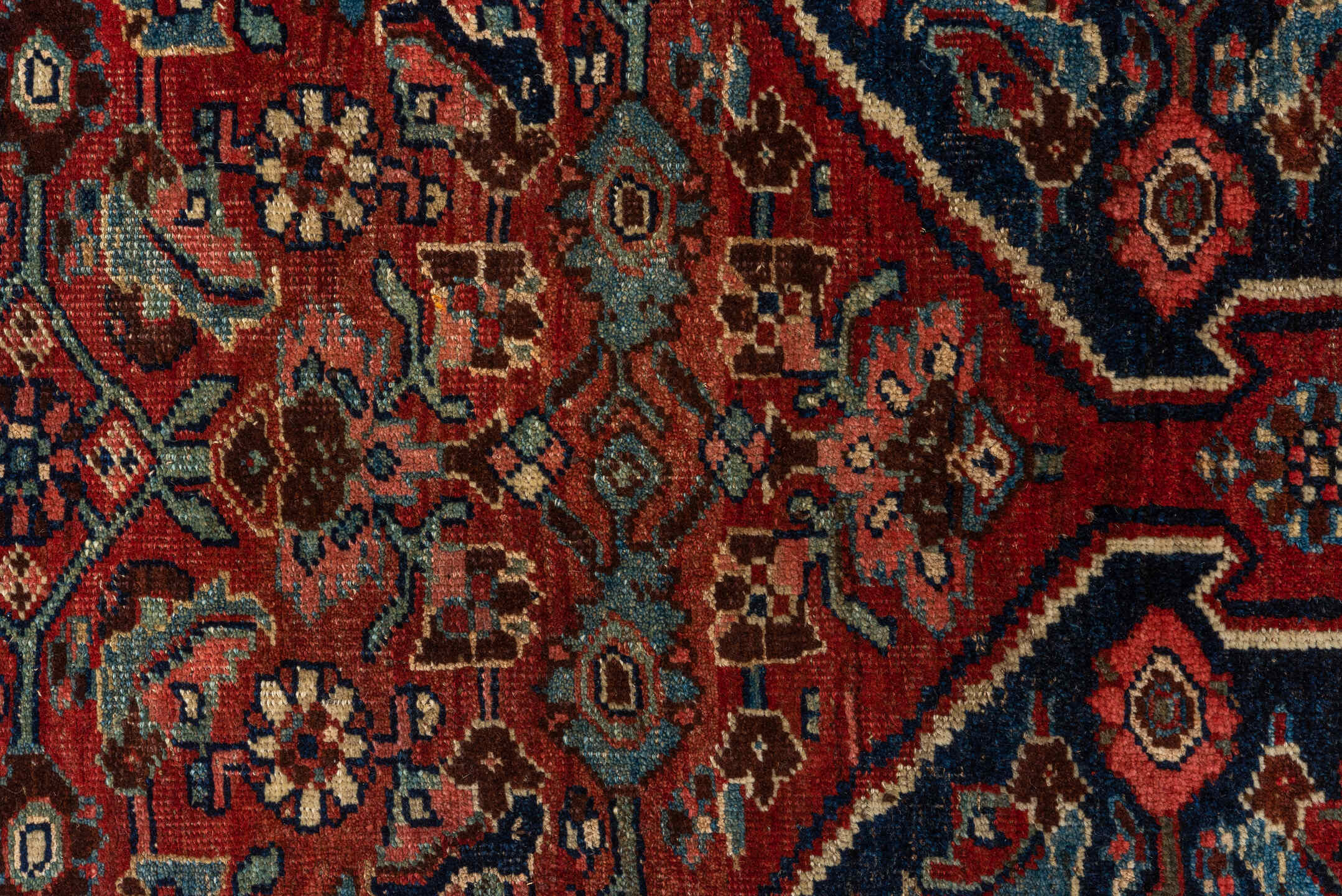 7' x 10' one-of-a-kind handmade antique Bidjar large size rug. Color palette: red, navy, ivory, sky blue, rust, camel