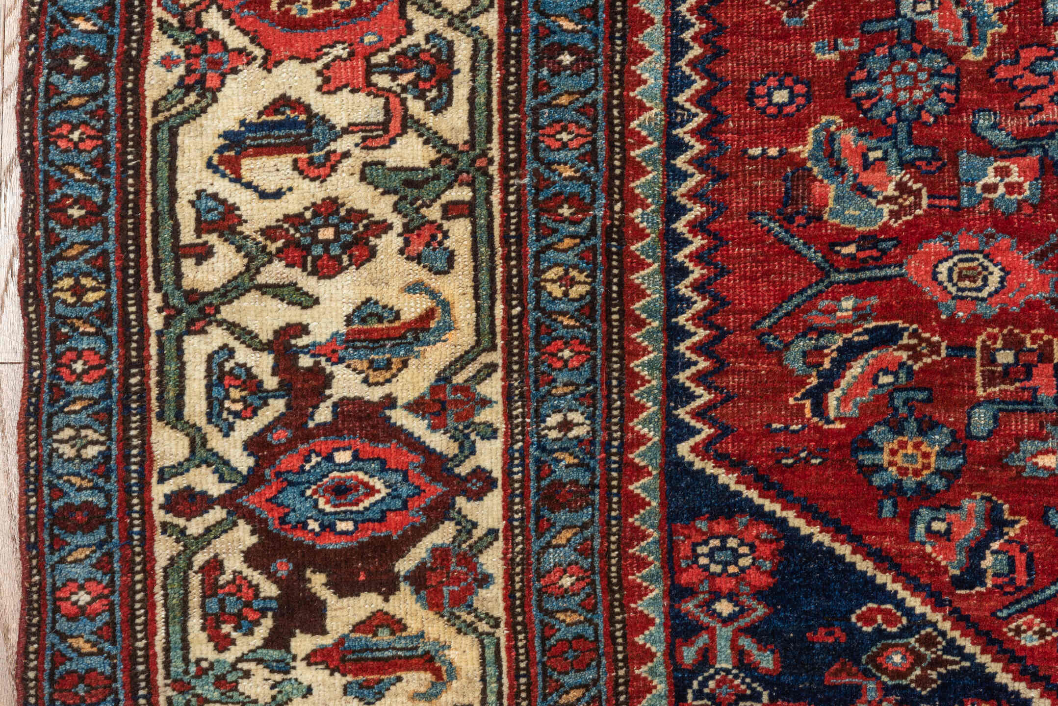 7' x 10' one-of-a-kind handmade antique Bidjar large size rug. Color palette: red, navy, ivory, sky blue, rust, camel