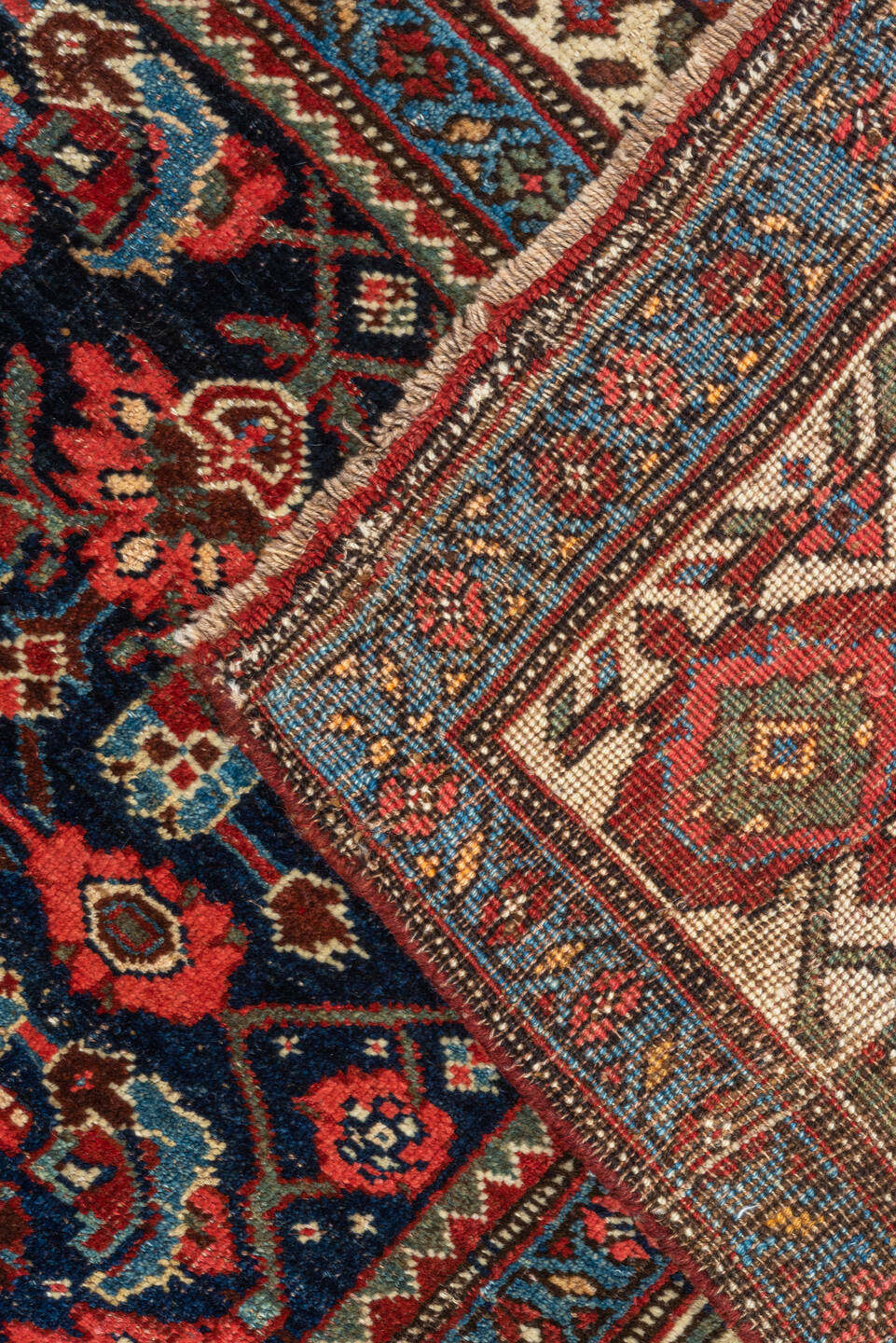 7' x 10' one-of-a-kind handmade antique Bidjar large size rug. Color palette: red, navy, ivory, sky blue, rust, camel