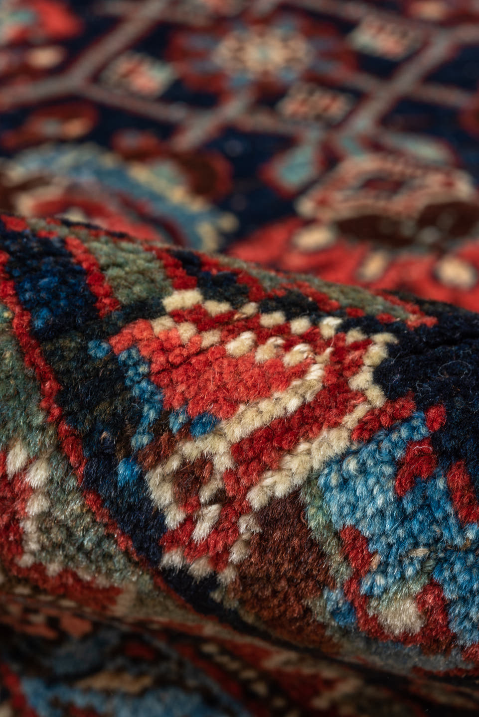 7' x 10' one-of-a-kind handmade antique Bidjar large size rug. Color palette: red, navy, ivory, sky blue, rust, camel