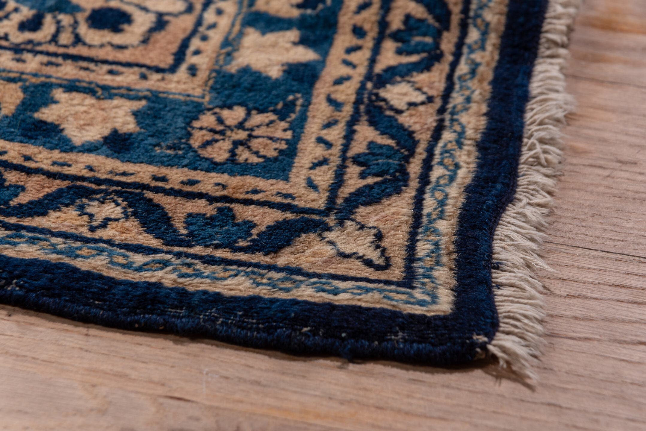 9' x 18' one-of-a-kind handmade antique Kerman rug. Color palette: navy, camel, ivory, slate, taupe, powder_blue, blue