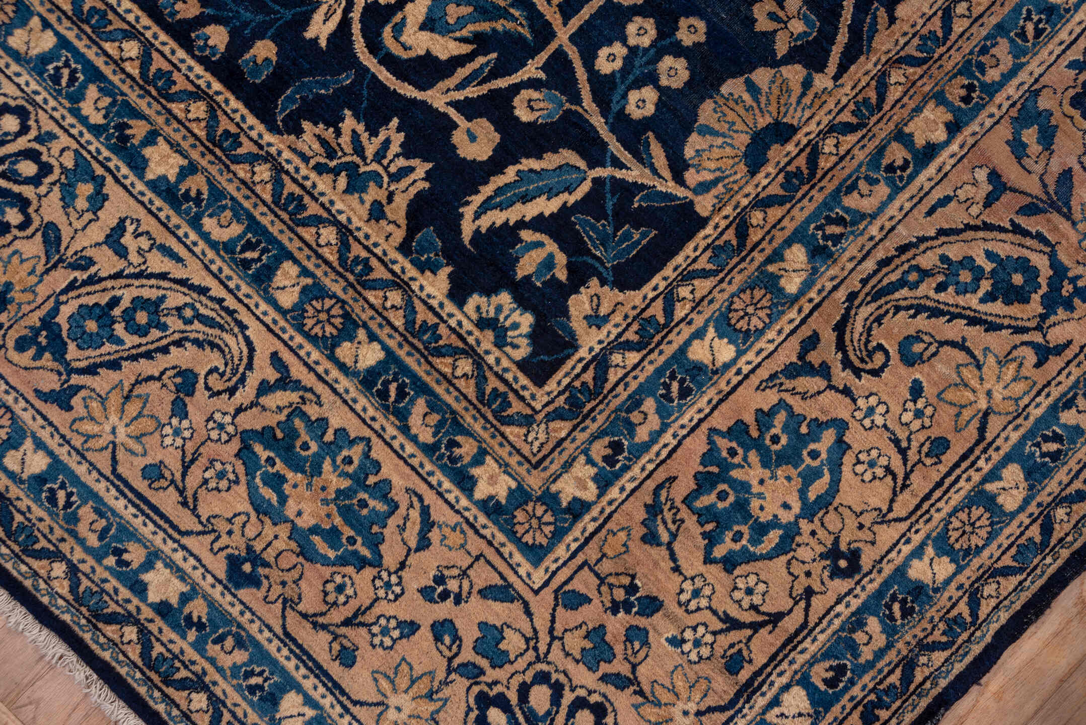 9' x 18' one-of-a-kind handmade antique Kerman rug. Color palette: navy, camel, ivory, slate, taupe, powder_blue, blue