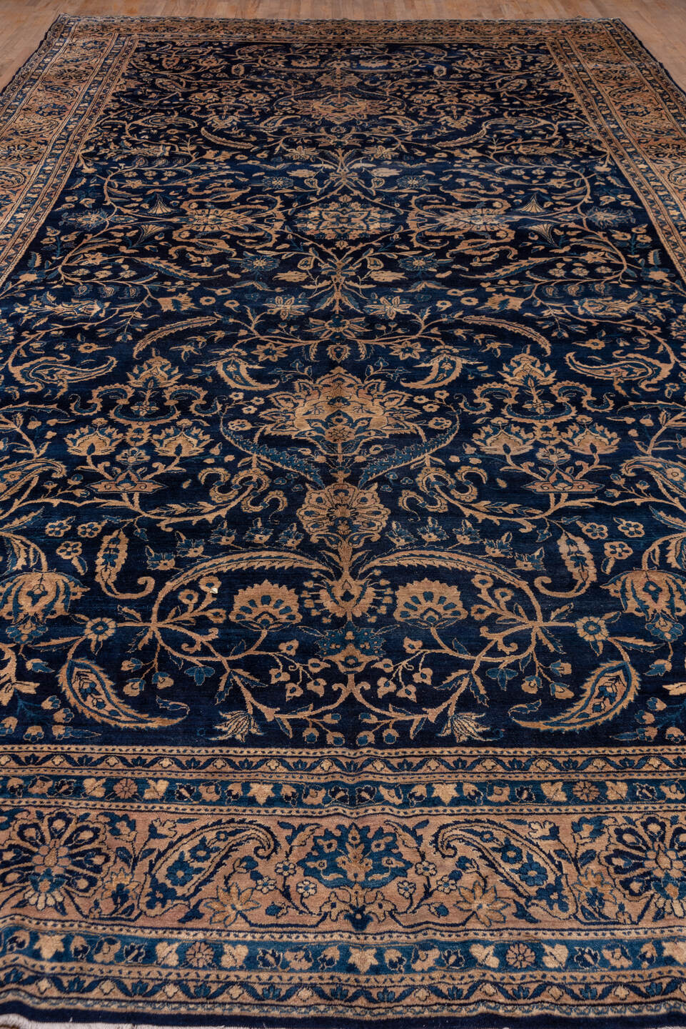 9' x 18' one-of-a-kind handmade antique Kerman rug. Color palette: navy, camel, ivory, slate, taupe, powder_blue, blue