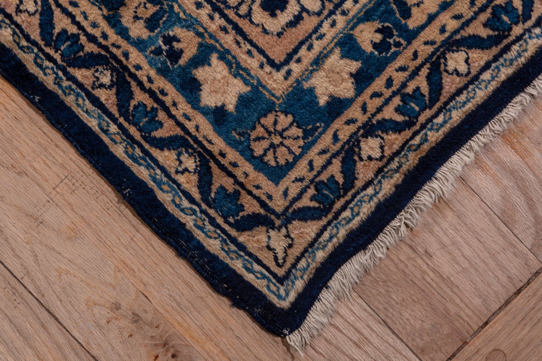 9' x 18' one-of-a-kind handmade antique Kerman rug. Color palette: navy, camel, ivory, slate, taupe, powder_blue, blue