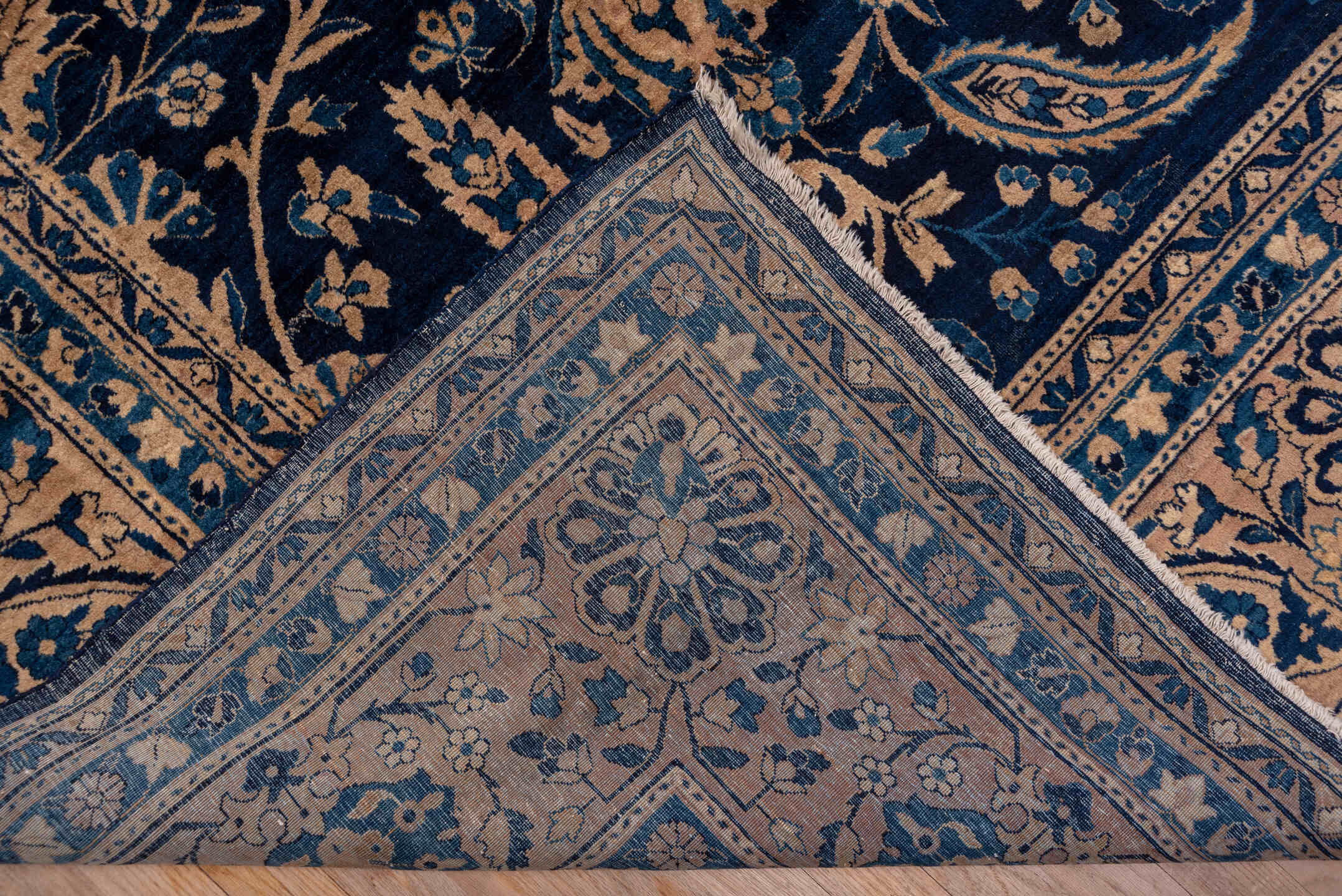9' x 18' one-of-a-kind handmade antique Kerman rug. Color palette: navy, camel, ivory, slate, taupe, powder_blue, blue