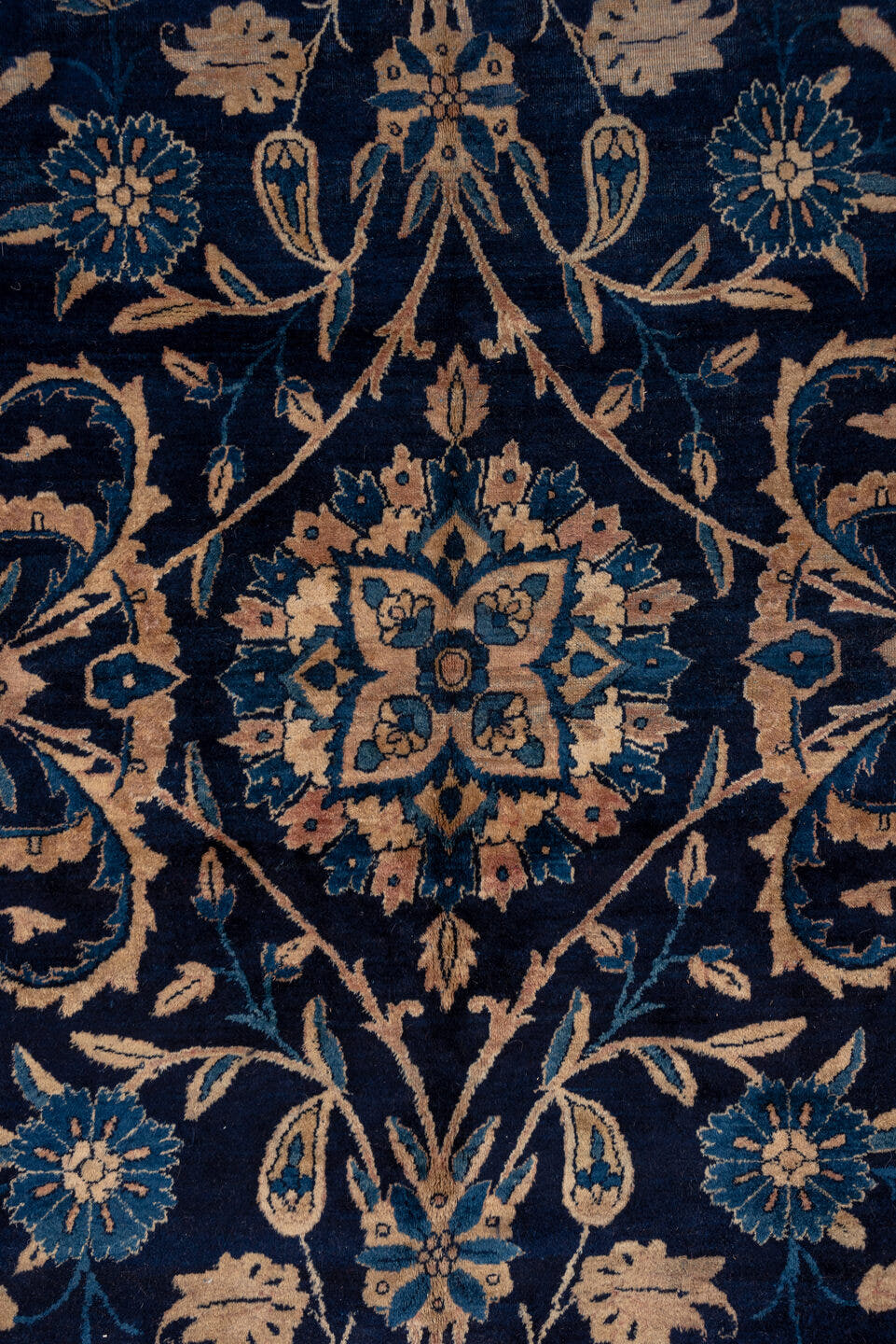 9' x 18' one-of-a-kind handmade antique Kerman rug. Color palette: navy, camel, ivory, slate, taupe, powder_blue, blue