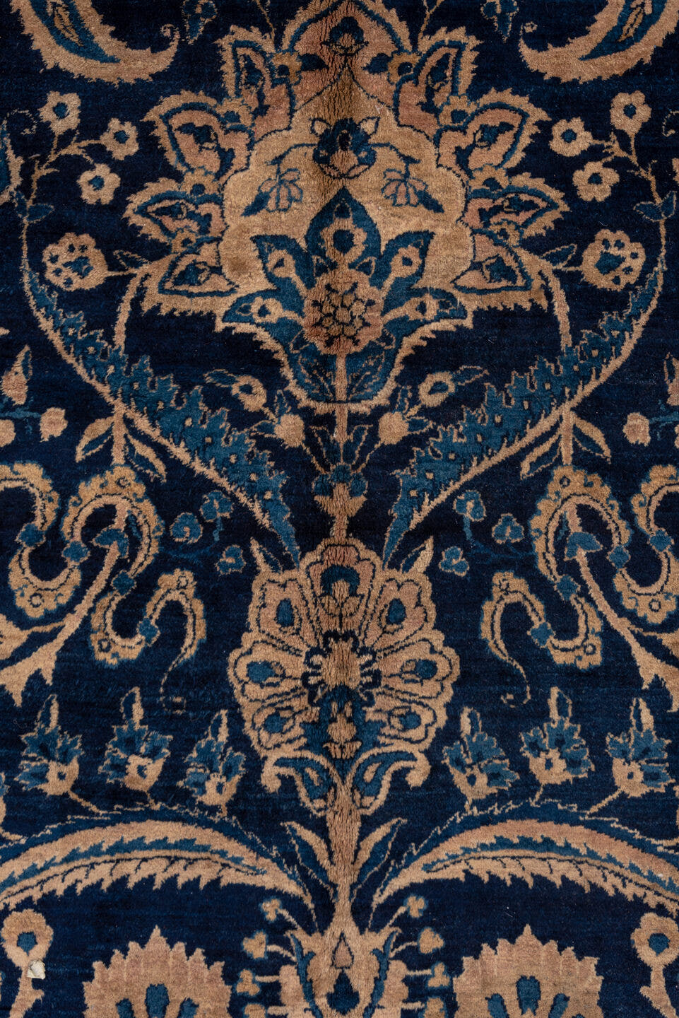 9' x 18' one-of-a-kind handmade antique Kerman rug. Color palette: navy, camel, ivory, slate, taupe, powder_blue, blue