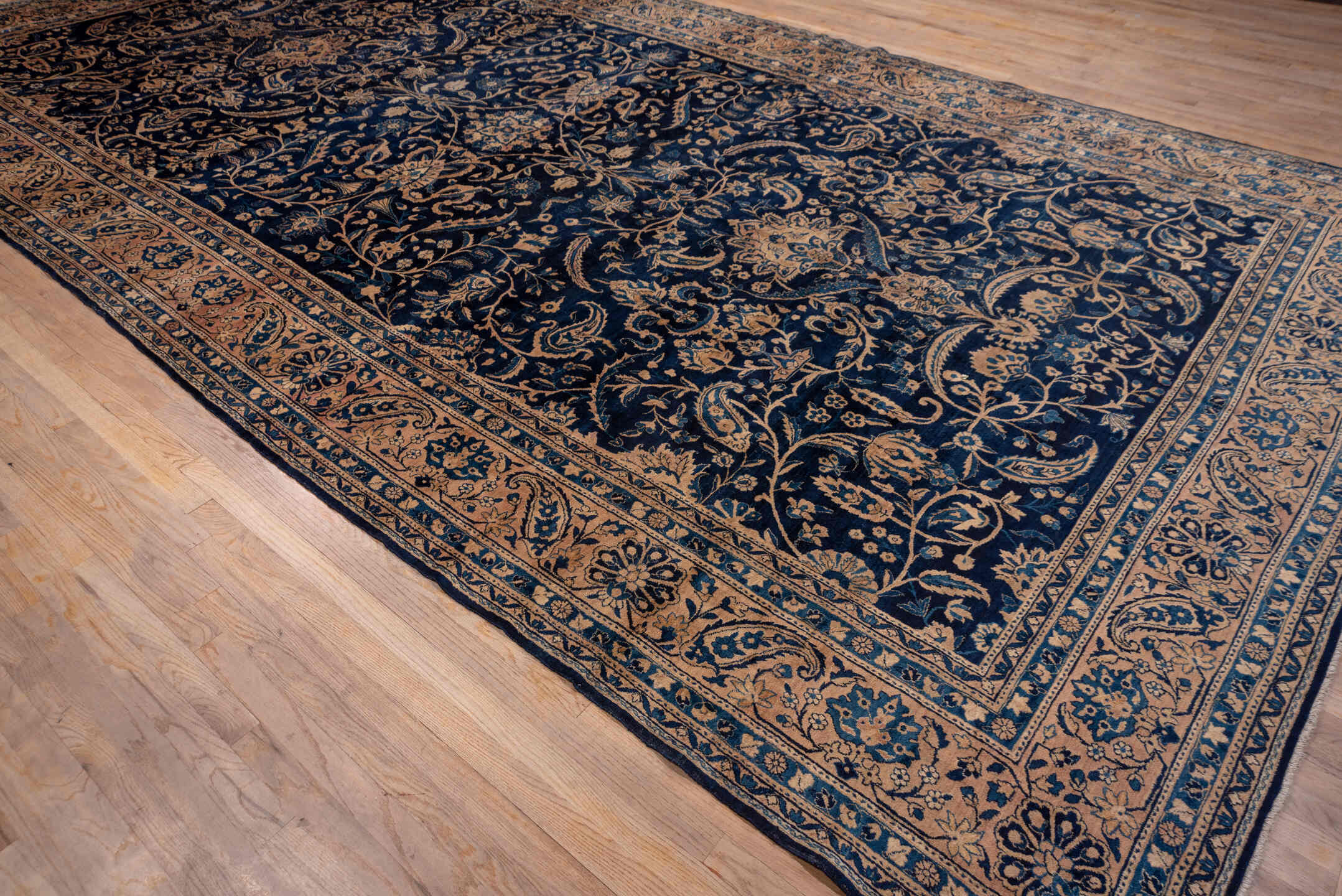 9' x 18' one-of-a-kind handmade antique Kerman rug. Color palette: navy, camel, ivory, slate, taupe, powder_blue, blue