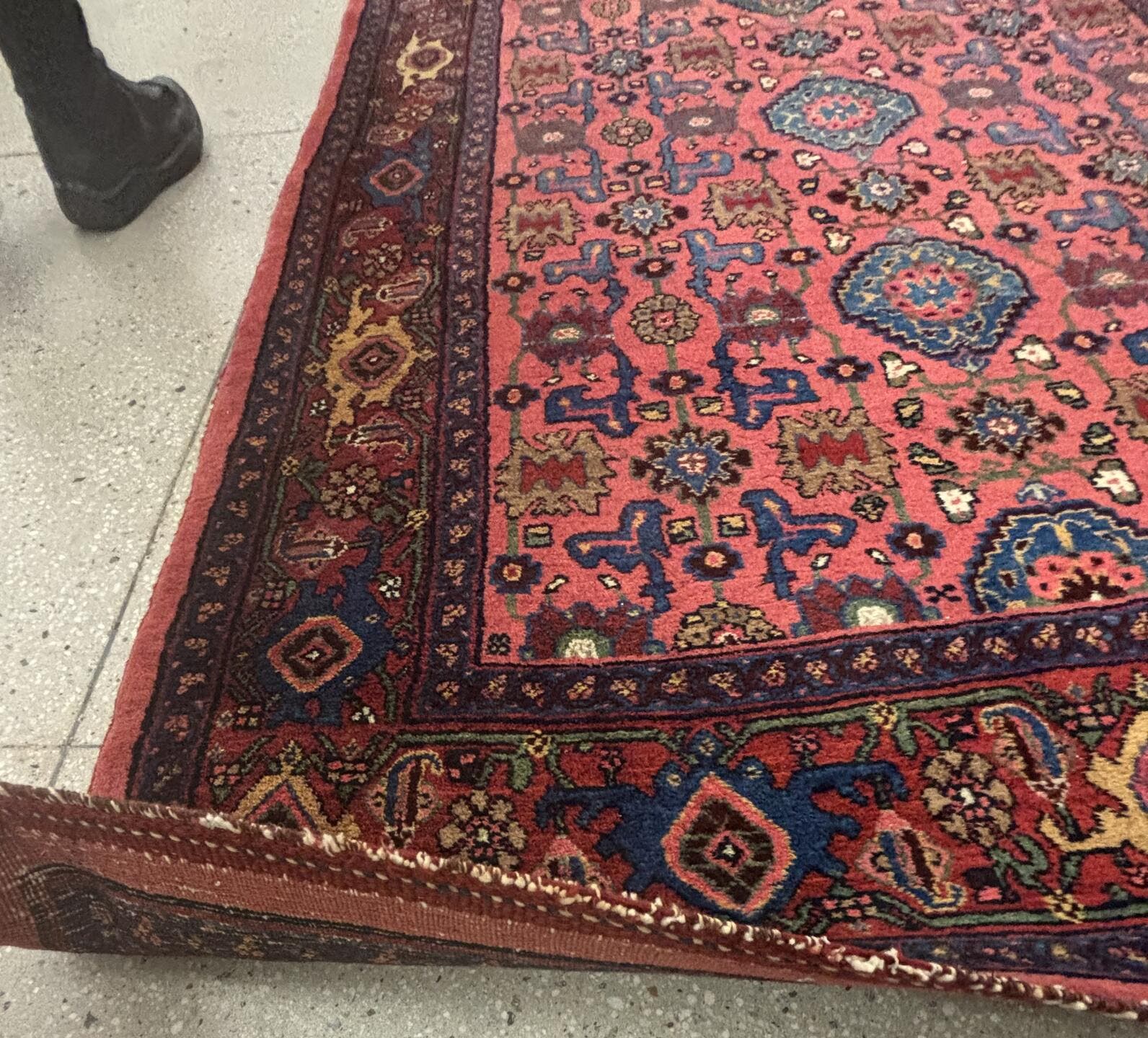 4' x 7' one-of-a-kind handmade antique Bidjar rug. Color palette: rose, crimson, cobalt, navy, ivory, burgundy, camel, pink