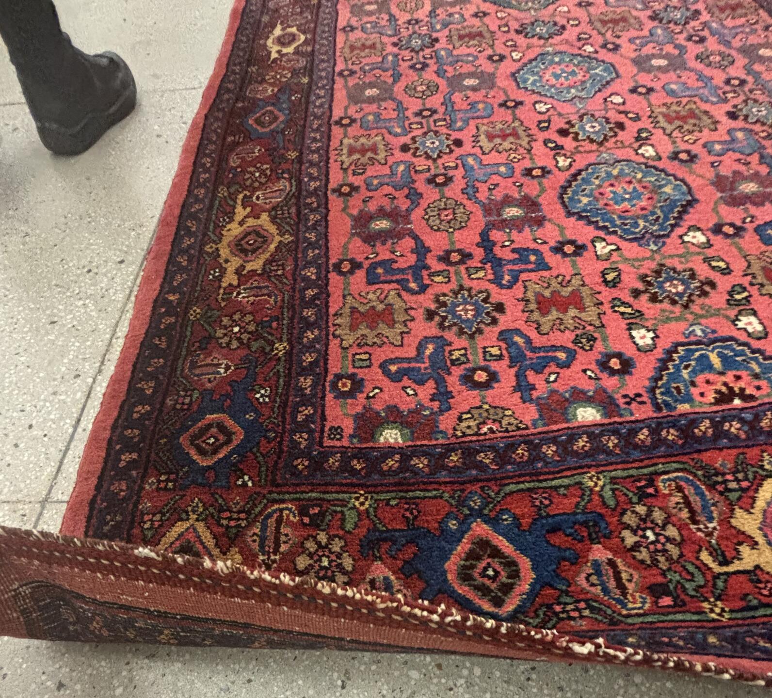 4' x 7' one-of-a-kind handmade vintage Bidjar rug. Color palette: black, blue, brown, charcoal, gray, pink, red