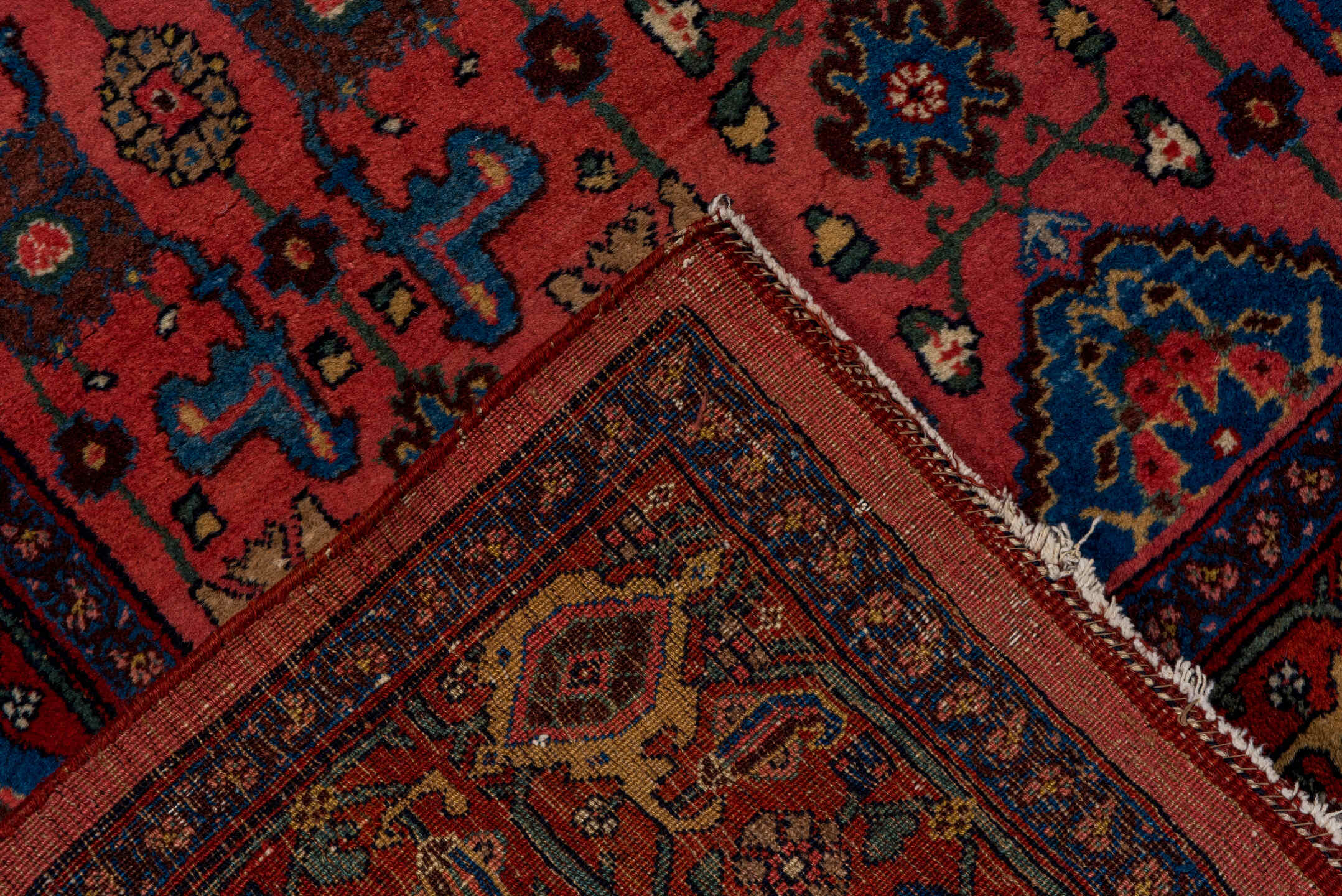 4' x 7' one-of-a-kind handmade antique Bidjar rug. Color palette: rose, crimson, cobalt, navy, ivory, burgundy, camel, pink