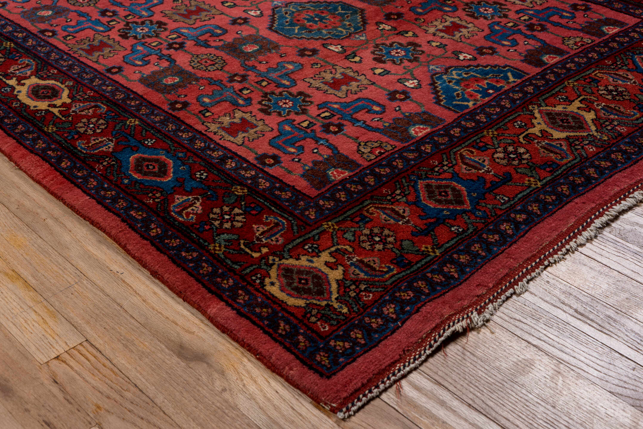 4' x 7' one-of-a-kind handmade antique Bidjar rug. Color palette: rose, crimson, cobalt, navy, ivory, burgundy, camel, pink
