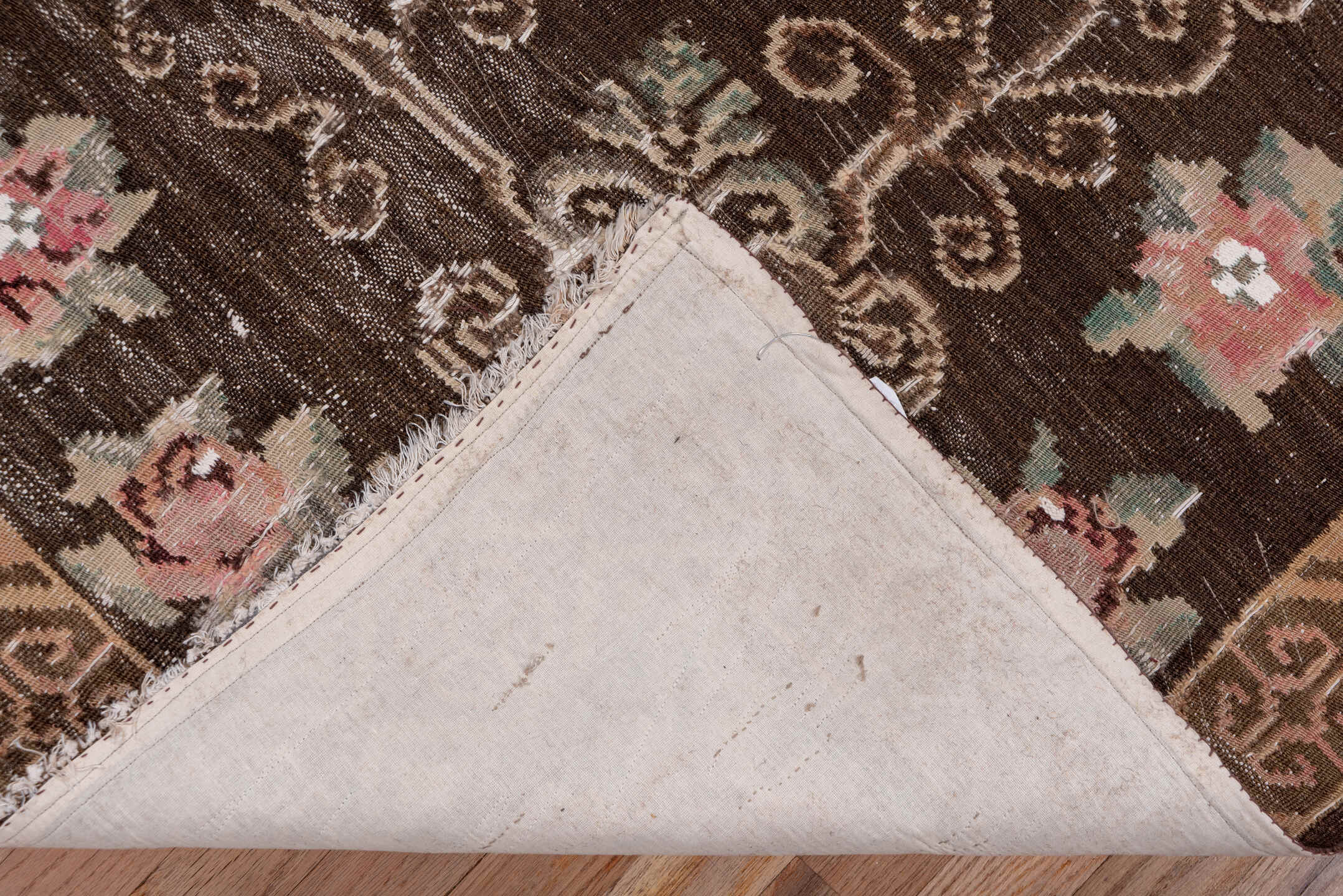 5' x 7' one-of-a-kind handmade antique Kilim rug. Color palette: brown, rose, camel, sage, taupe, ivory, coral, pink, red