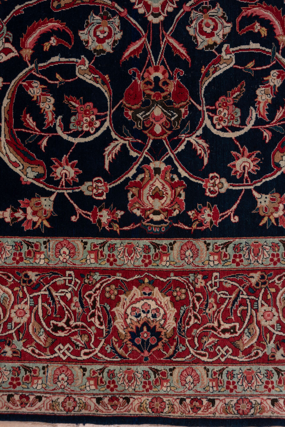 9' x 11' one-of-a-kind handmade vintage Kashan large size rug. Color palette: brown, dim gray, gray, light gray, off-white