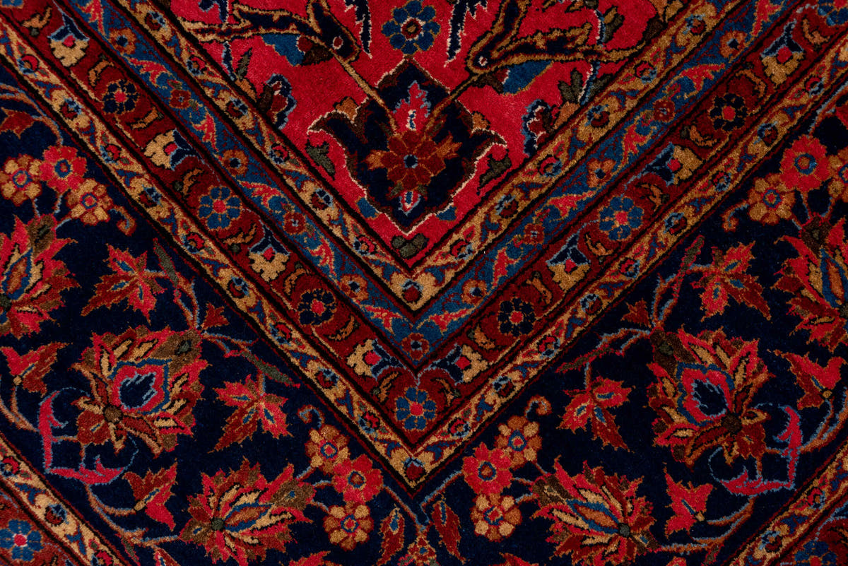 8' x 12' one-of-a-kind handmade antique Kashan large size rug. Color palette: rose, navy, rust, ivory, gold, sky_blue