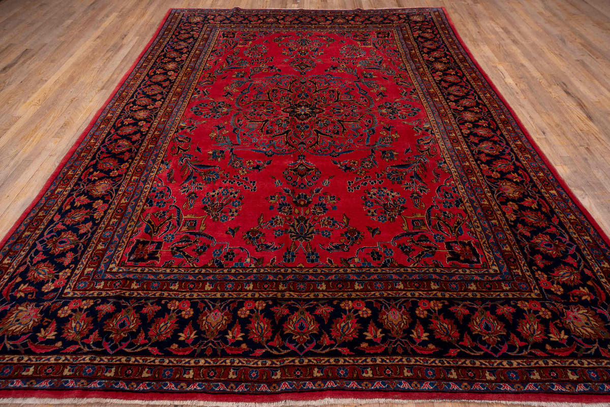8' x 12' one-of-a-kind handmade antique Kashan large size rug. Color palette: rose, navy, rust, ivory, gold, sky_blue