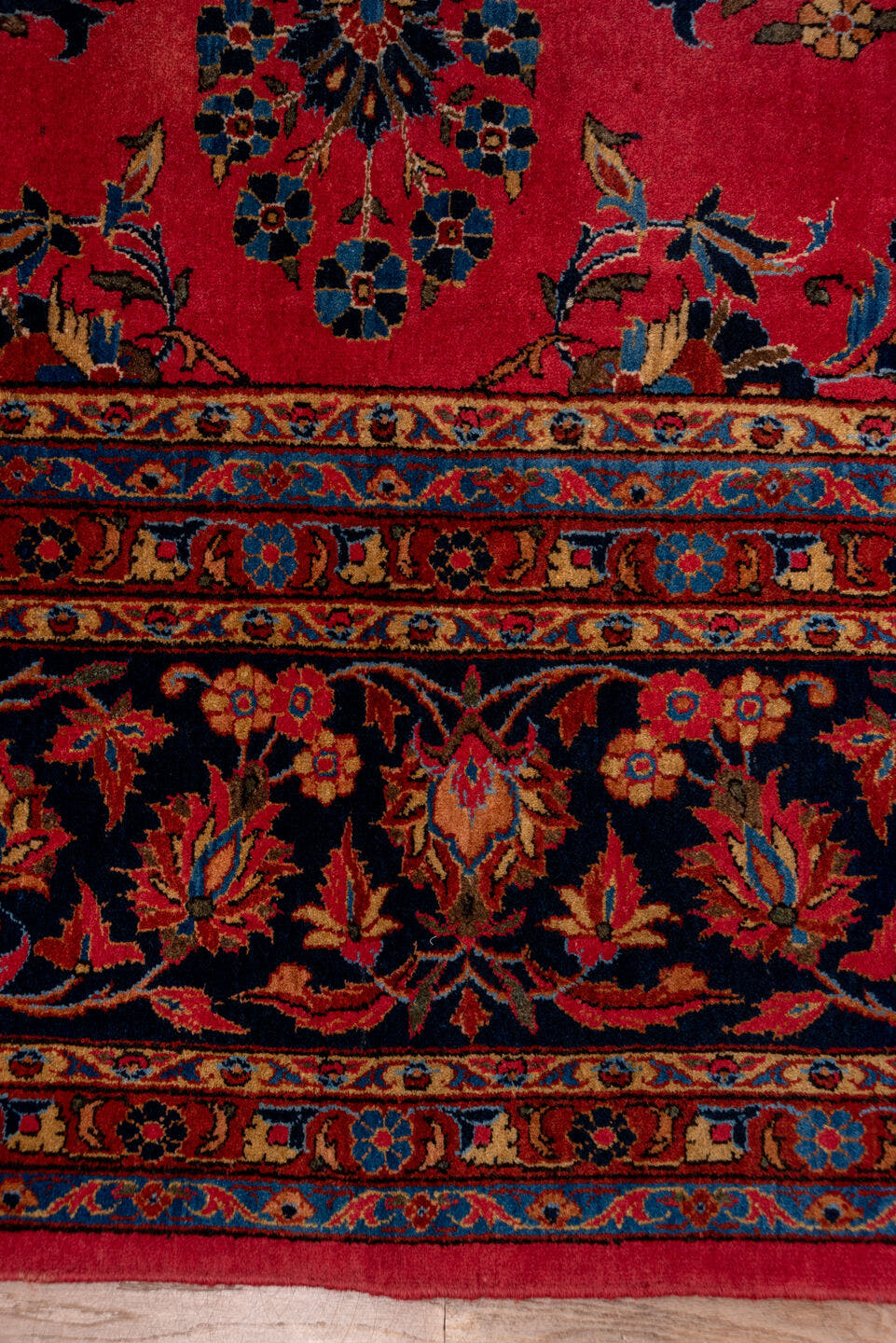 8' x 12' one-of-a-kind handmade antique Kashan large size rug. Color palette: rose, navy, rust, ivory, gold, sky_blue