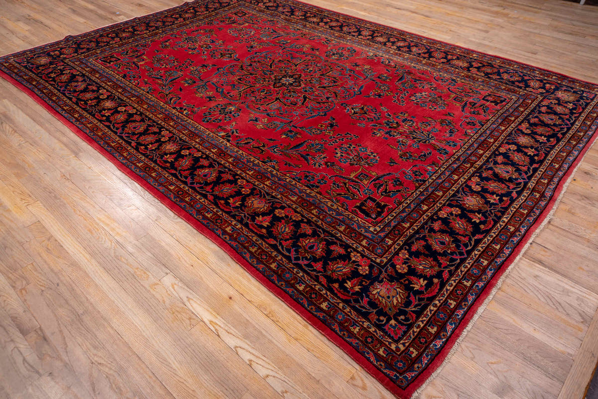 8' x 12' one-of-a-kind handmade antique Kashan large size rug. Color palette: rose, navy, rust, ivory, gold, sky_blue