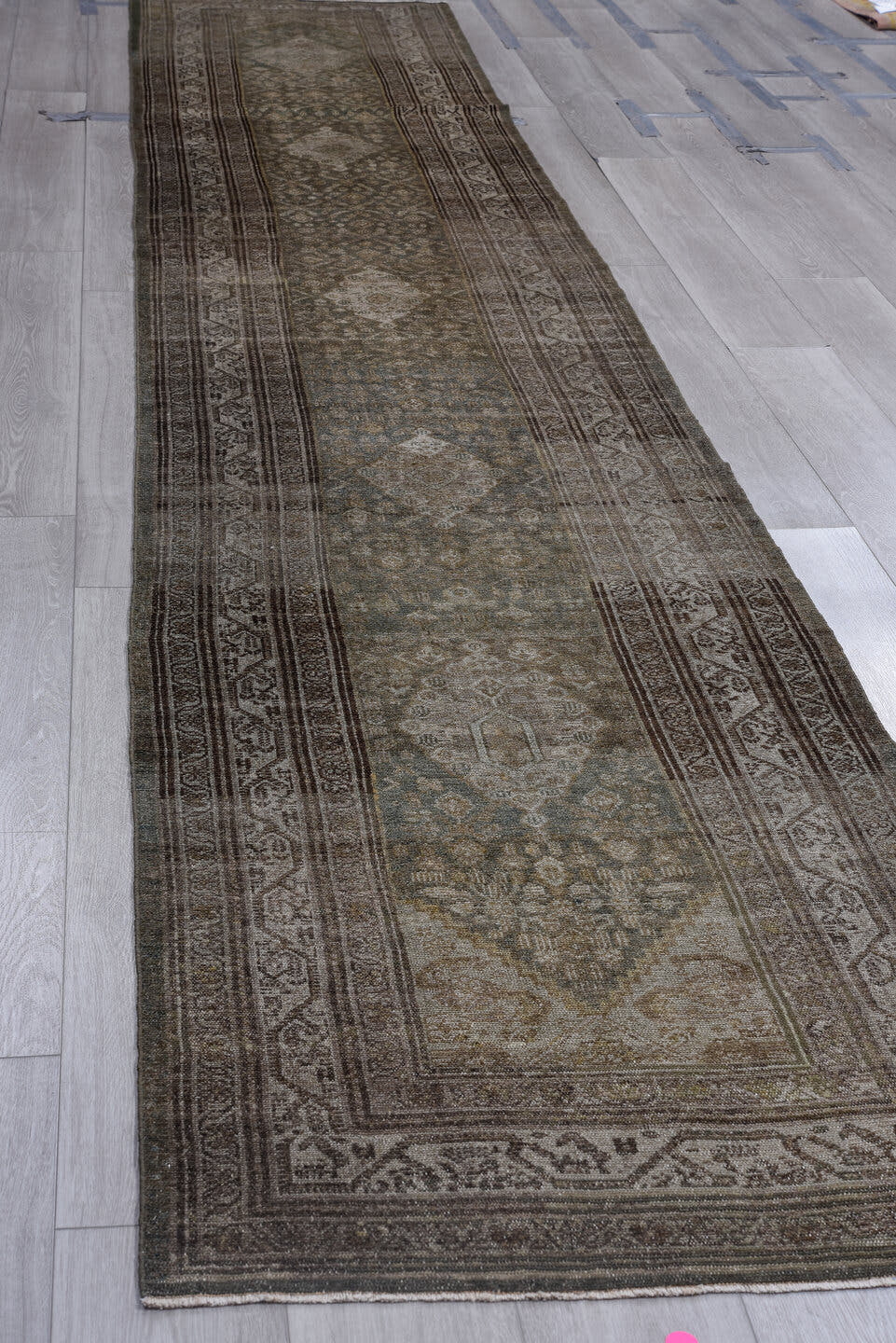 3' x 16' one-of-a-kind handmade antique Malayer runner rug. Color palette: taupe, charcoal, slate, ivory, camel, olive
