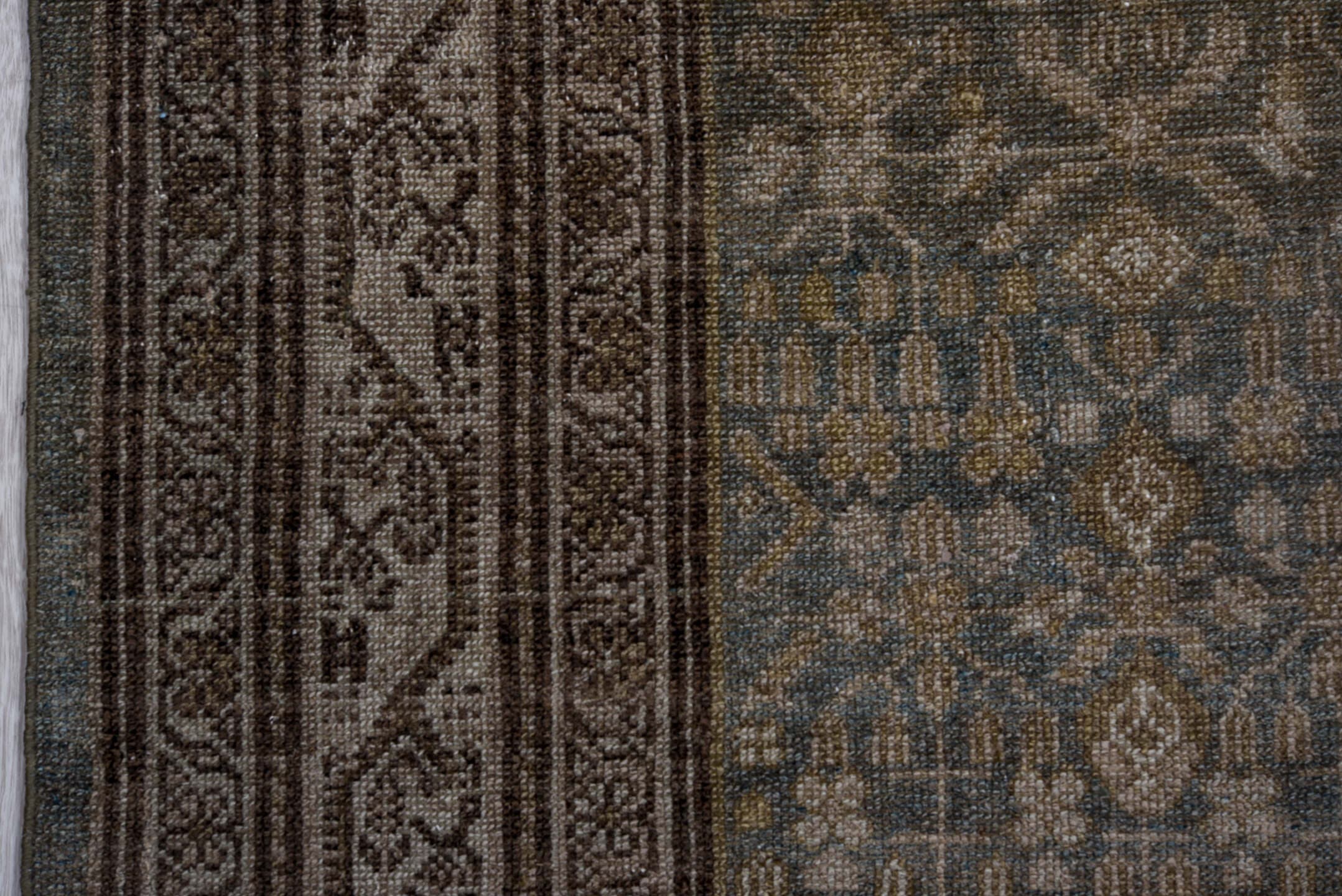 3' x 16' one-of-a-kind handmade antique Malayer runner rug. Color palette: taupe, charcoal, slate, ivory, camel, olive