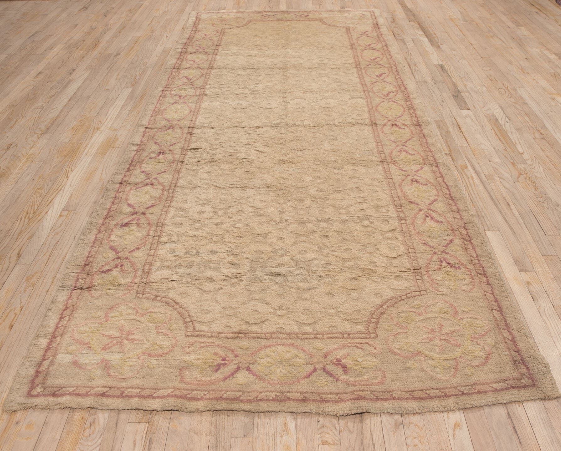 5' x 13' one-of-a-kind handmade antique Savonnerie rug. Color palette: ivory, beige, blush, rose, taupe, pale gold, pink