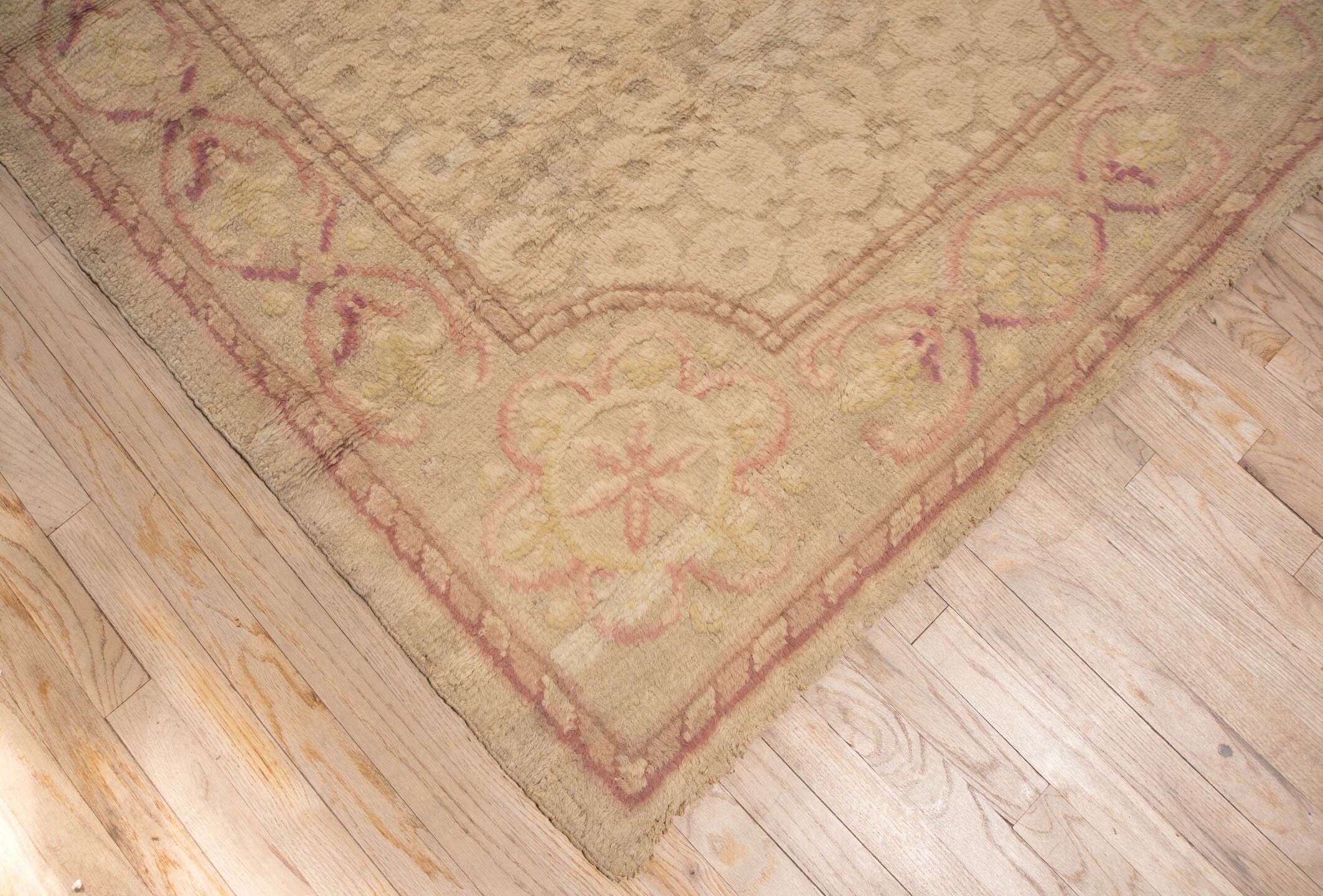 5' x 13' one-of-a-kind handmade antique Savonnerie rug. Color palette: ivory, beige, blush, rose, taupe, pale gold, pink