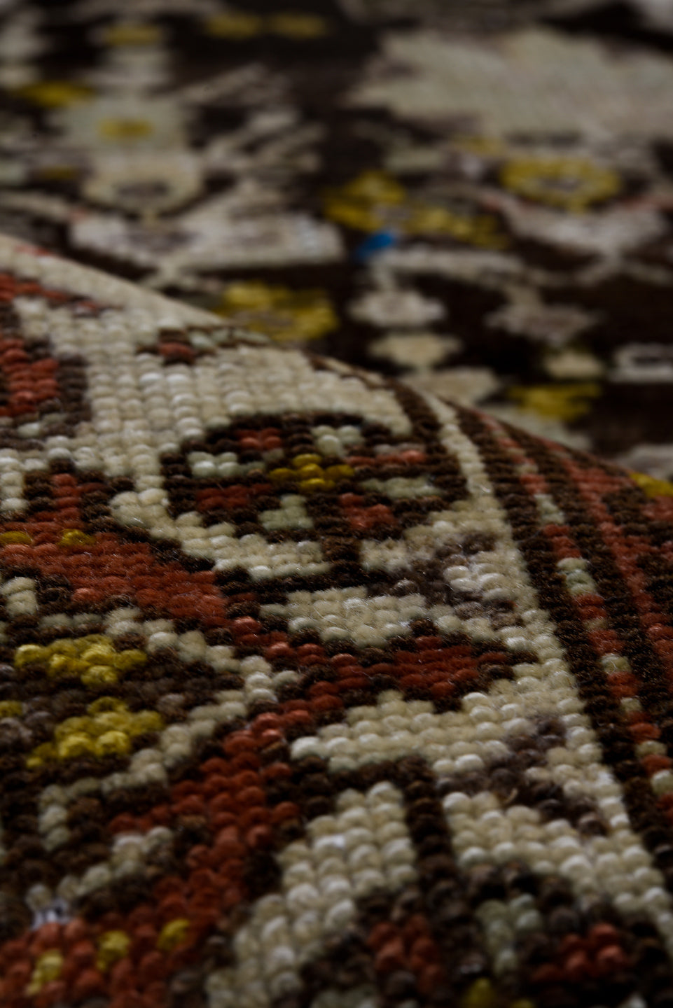 2' x 16' one-of-a-kind handmade antique Malayer runner rug. Color palette: ivory, charcoal, taupe, rust, sage, camel, rose
