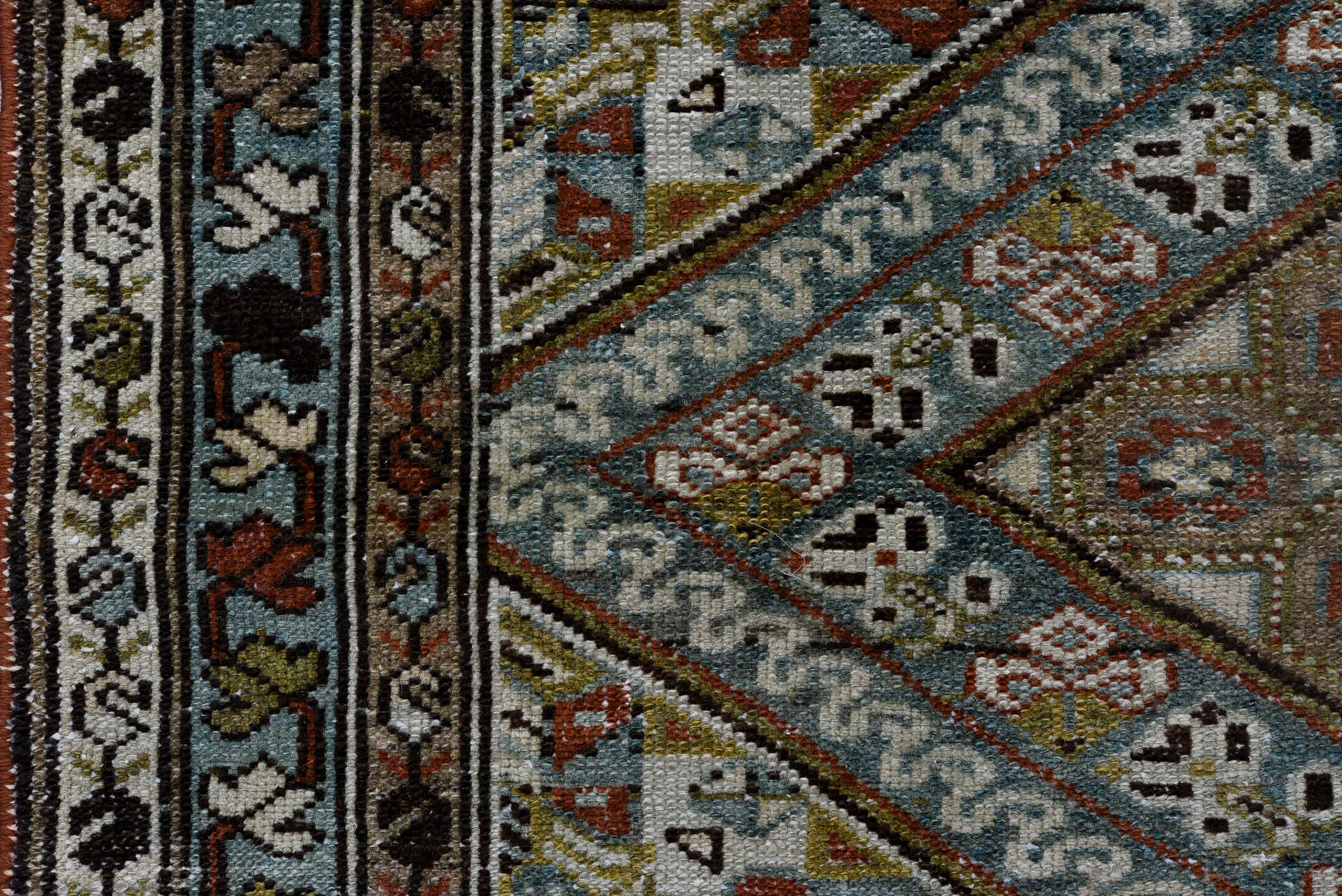 3' x 17' one-of-a-kind handmade vintage Malayer runner rug. Color palette: black, blue, brown, charcoal, dim gray, gray