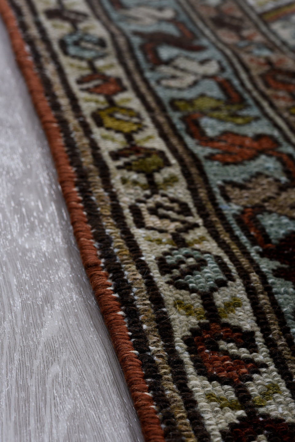 3' x 17' one-of-a-kind handmade vintage Malayer runner rug. Color palette: black, blue, brown, charcoal, dim gray, gray