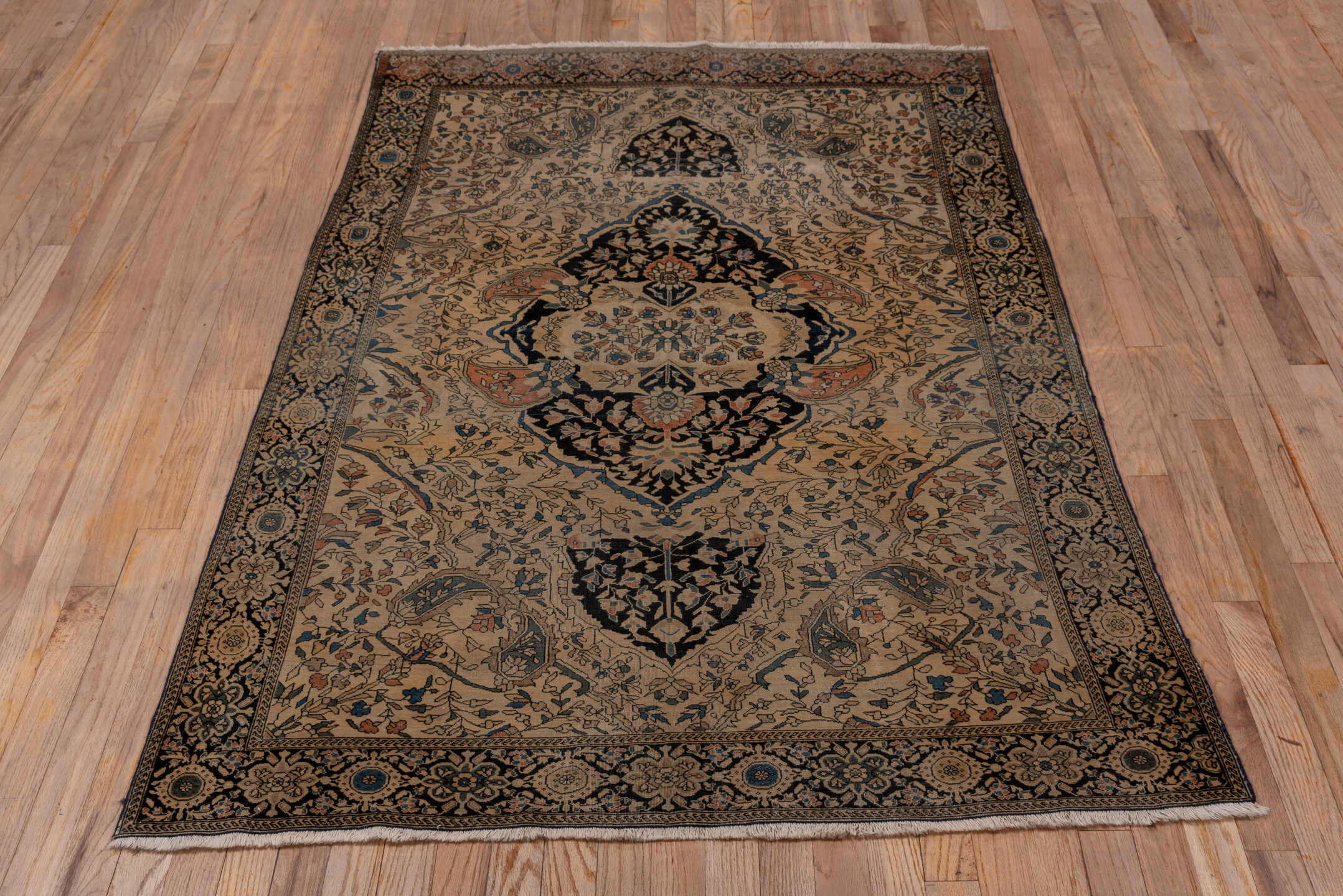 4' x 6' one-of-a-kind handmade antique Far.Sarouk small size rug. Color palette: ivory, navy, charcoal, taupe, rust, slate