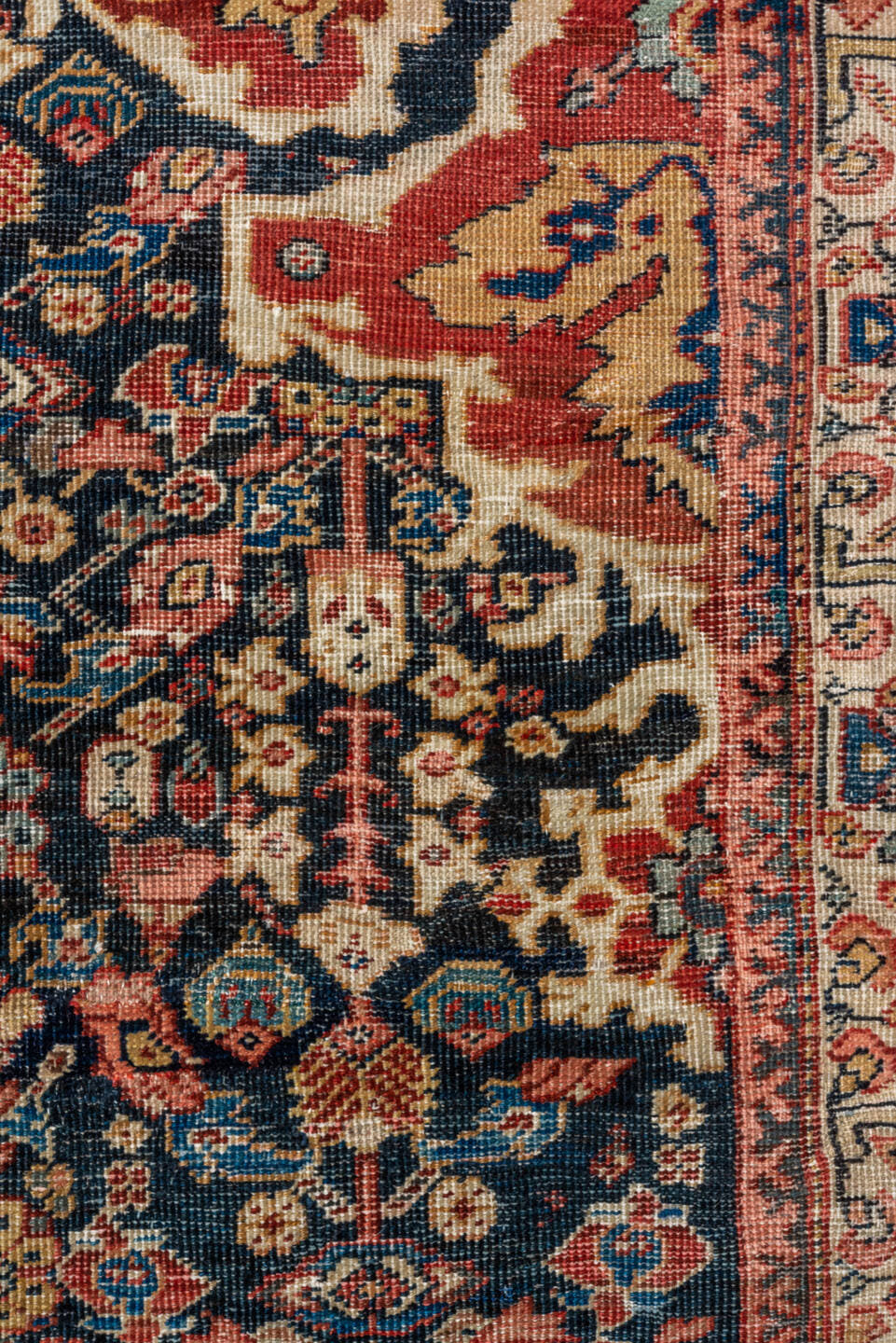 14' x 21' one-of-a-kind handmade antique Sultanabad oversize rug. Color palette: navy, rust, ivory, cobalt, camel