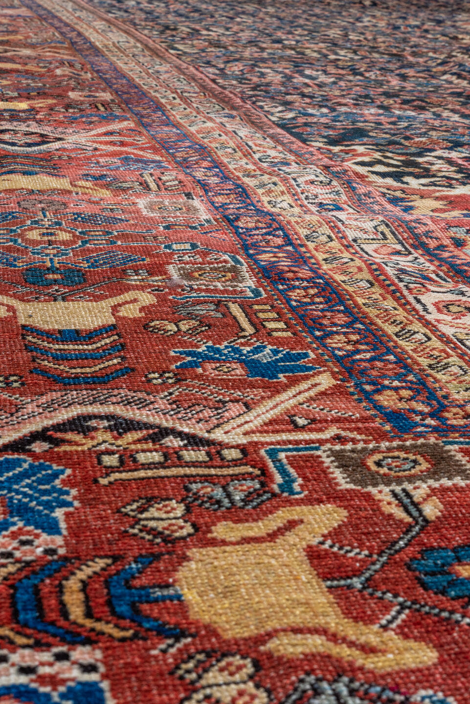 14' x 21' one-of-a-kind handmade antique Sultanabad oversize rug. Color palette: navy, rust, ivory, cobalt, camel