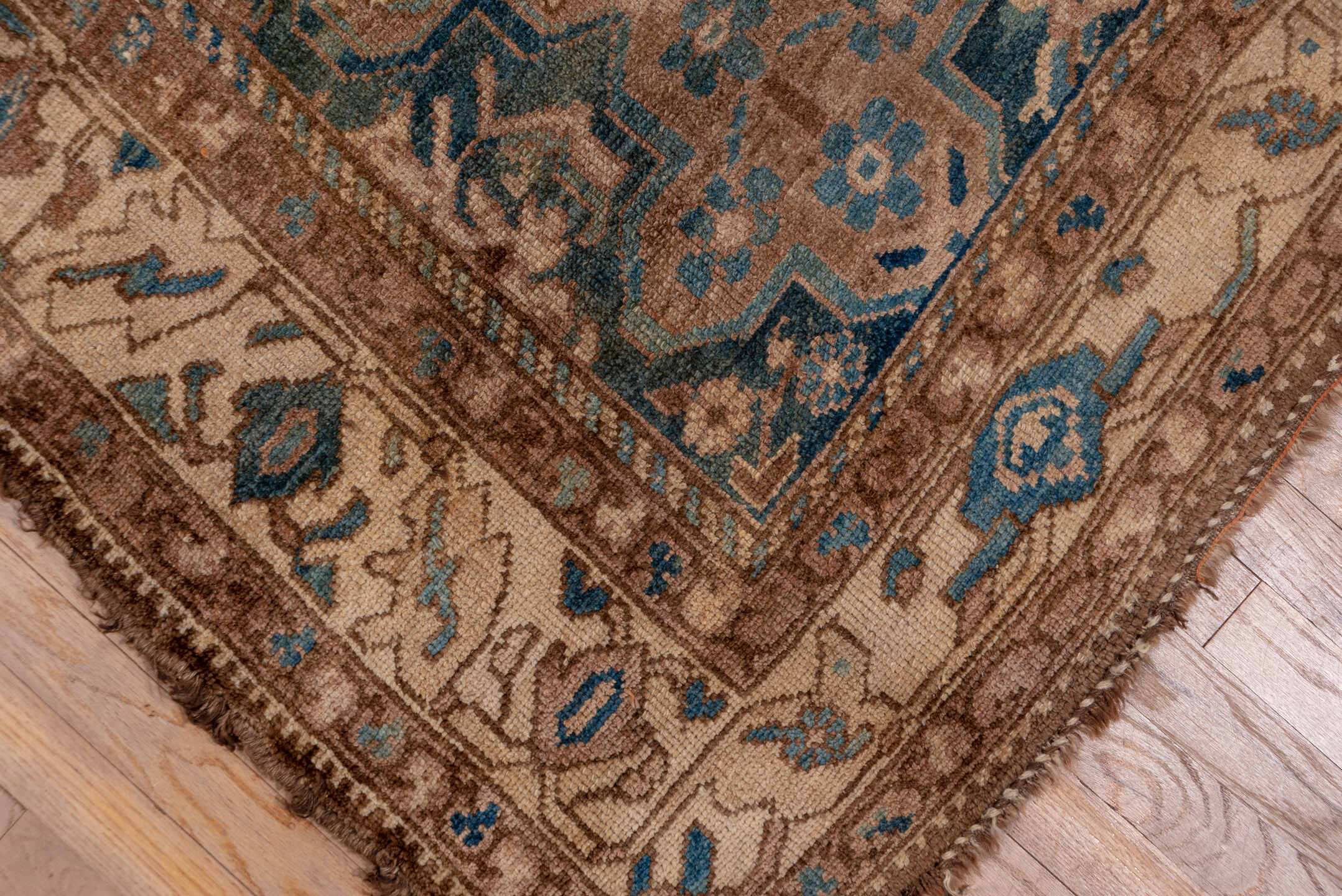 5' x 12' one-of-a-kind handmade antique Baktiary rug. Color palette: camel, taupe, teal, ivory, brown, slate, sky_blue