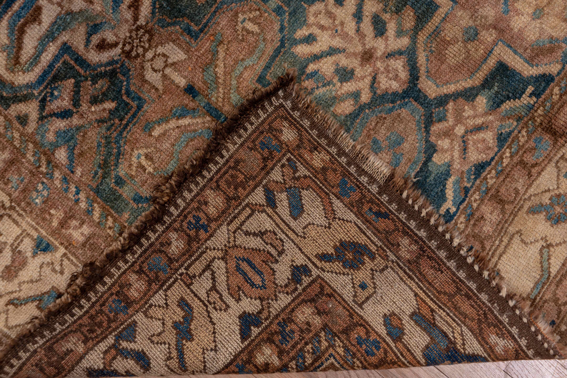 5' x 12' one-of-a-kind handmade antique Baktiary rug. Color palette: camel, taupe, teal, ivory, brown, slate, sky_blue