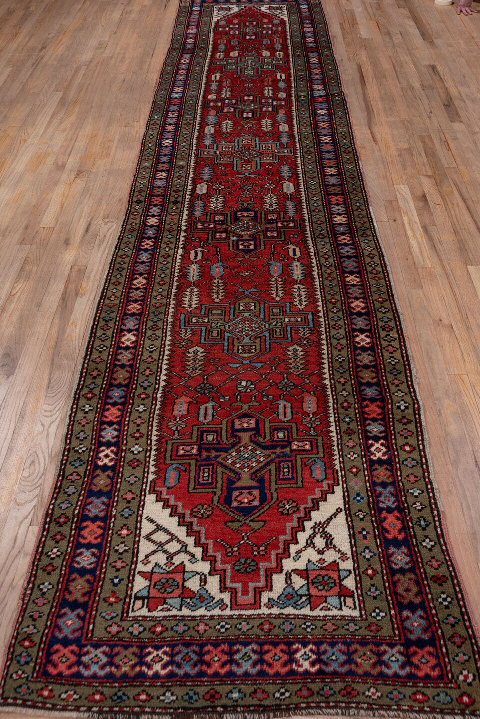 3' x 14' one-of-a-kind handmade antique Heriz runner rug. Color palette: rust, navy, ivory, taupe, slate, rose, charcoal