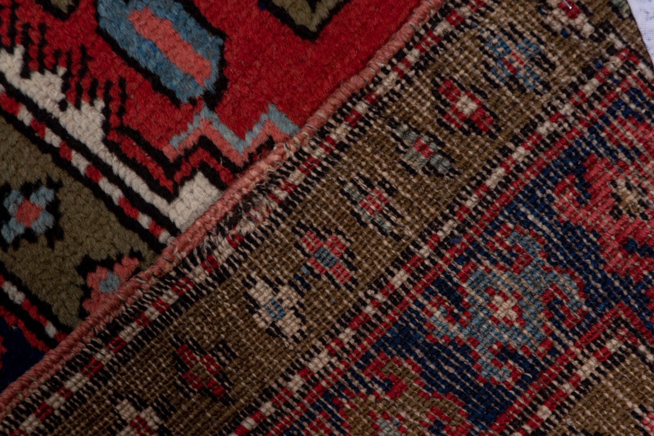 3' x 14' one-of-a-kind handmade antique Heriz runner rug. Color palette: rust, navy, ivory, taupe, slate, rose, charcoal