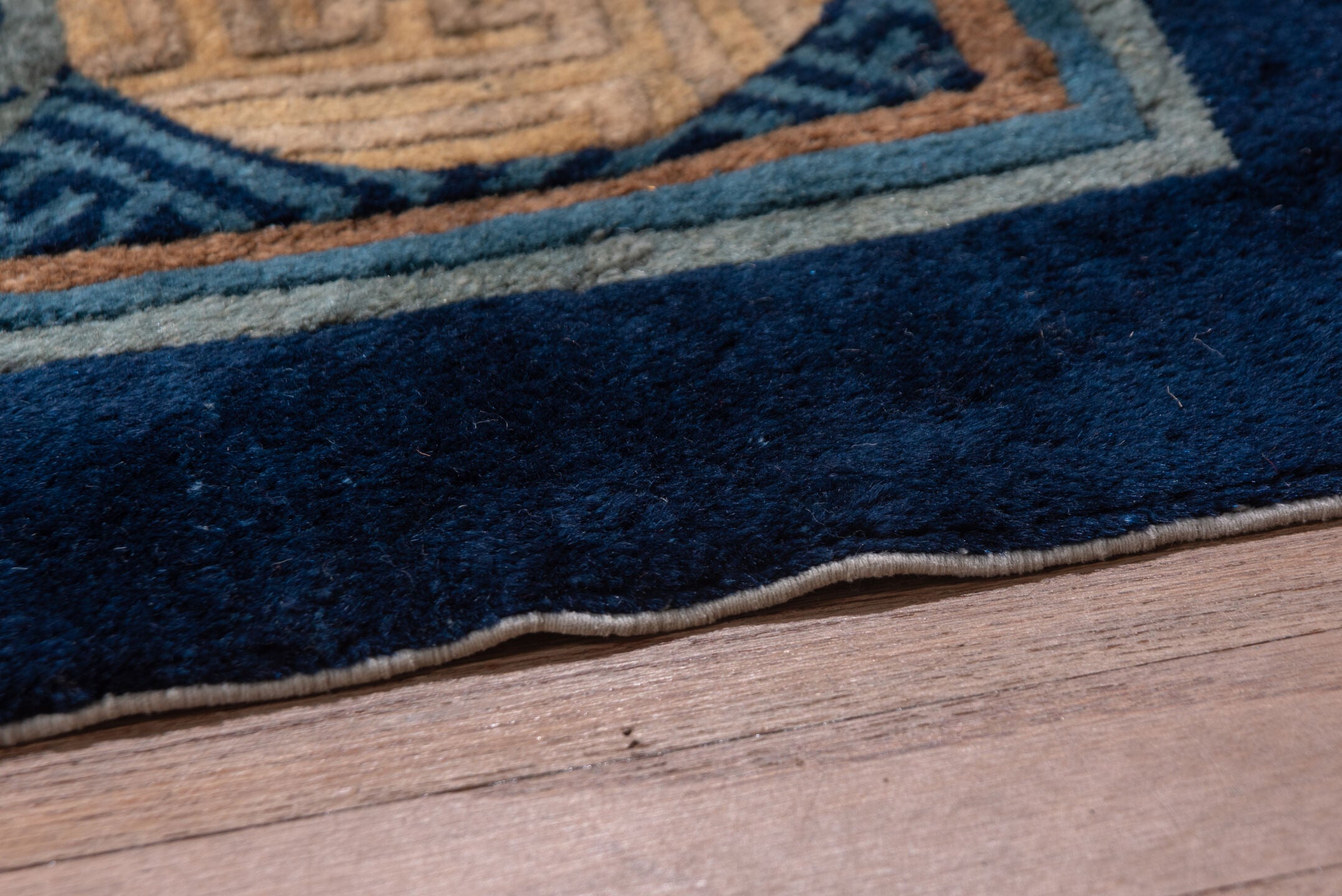12' x 20' one-of-a-kind handmade vintage Chinese oversize rug. Color palette: blue, brown, burlywood, gray, light gray