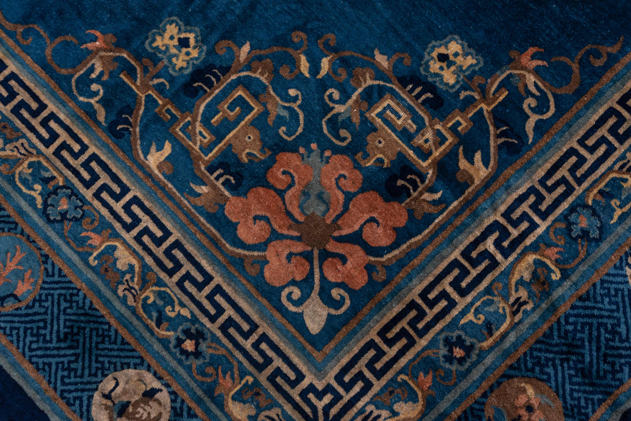 12' x 20' one-of-a-kind handmade antique Chinese oversize rug. Color palette: blue, ivory, camel, navy, taupe, peach, beige