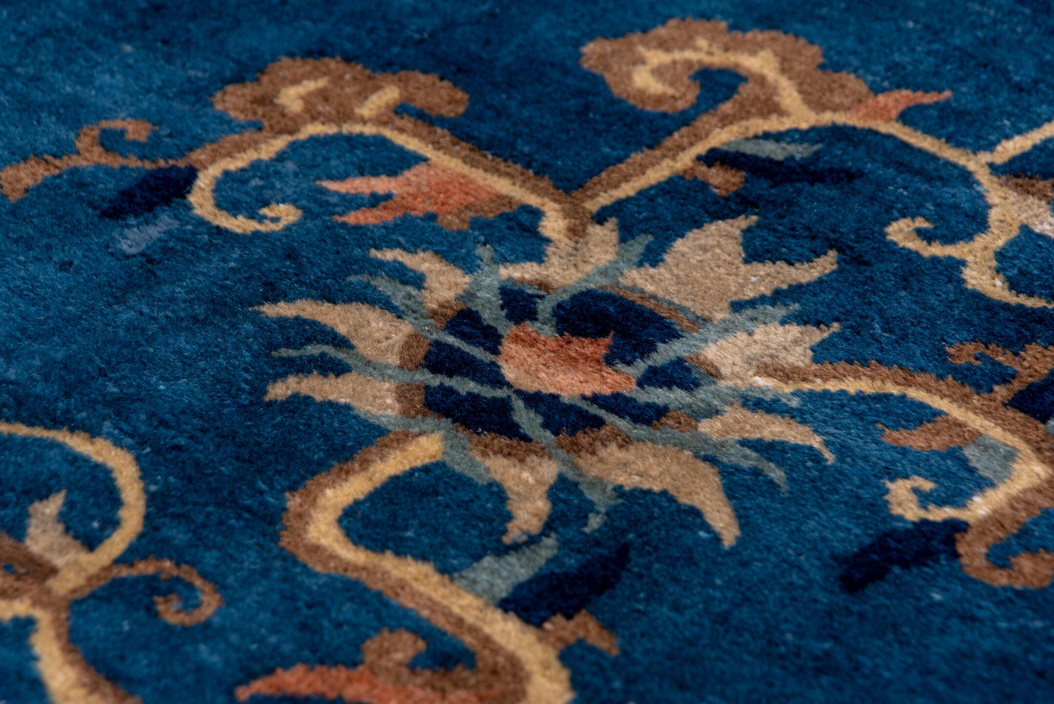 12' x 20' one-of-a-kind handmade antique Chinese oversize rug. Color palette: blue, ivory, camel, navy, taupe, peach, beige