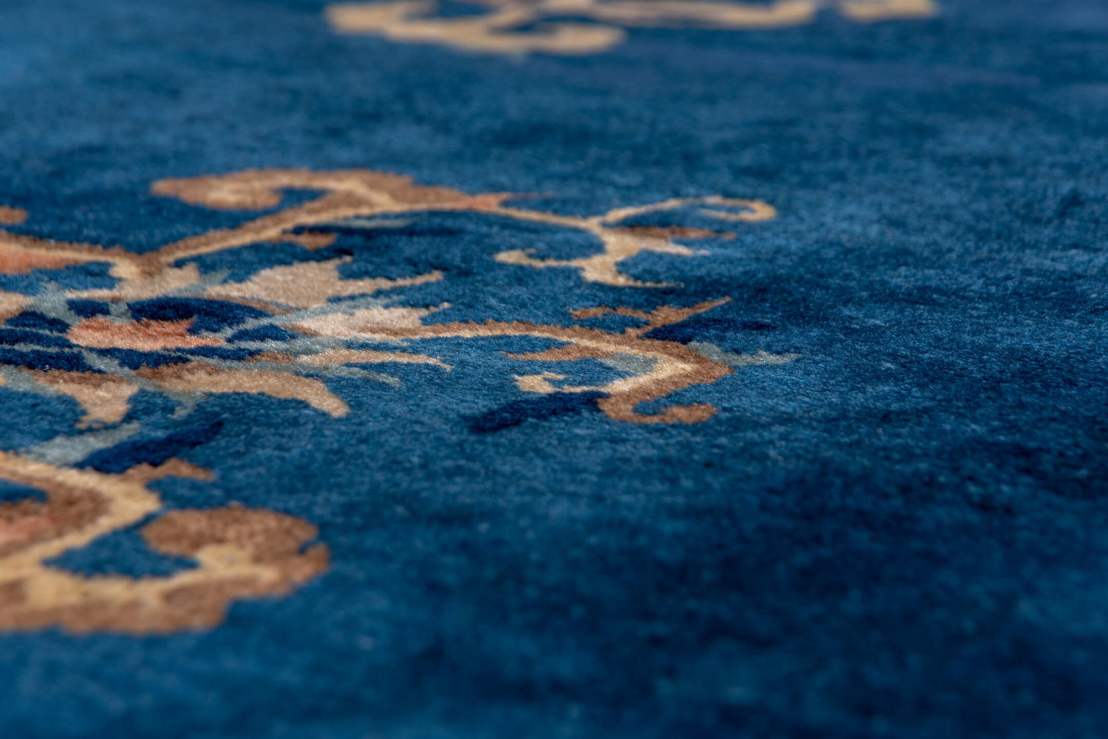 12' x 20' one-of-a-kind handmade antique Chinese oversize rug. Color palette: blue, ivory, camel, navy, taupe, peach, beige